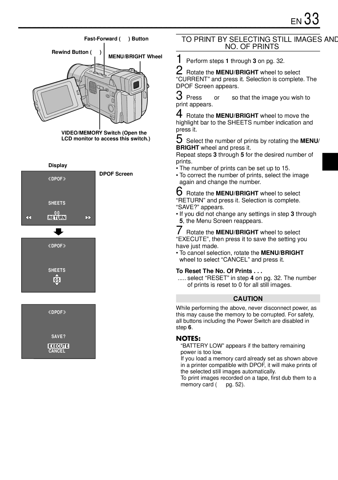 JVC GR-DVL720, GR-DVL520 To Print by Selecting Still Images NO. of Prints, To Reset The No. Of Prints, Display Dpof Screen 