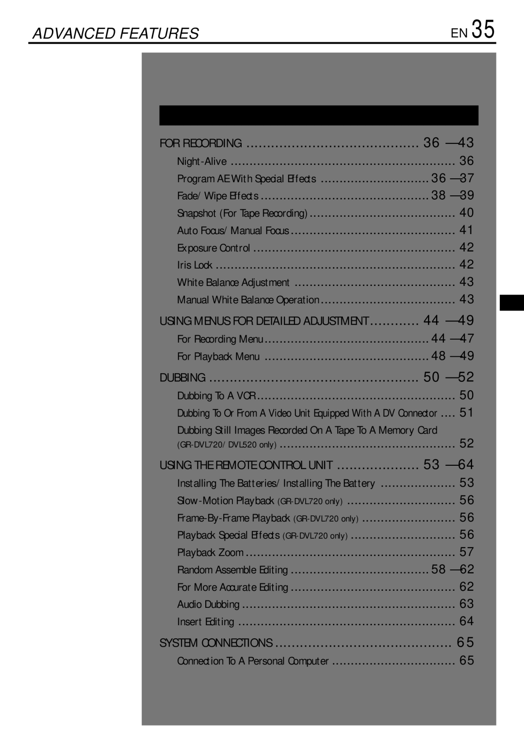 JVC GR-DVL720, GR-DVL520 instruction manual Advanced Features 