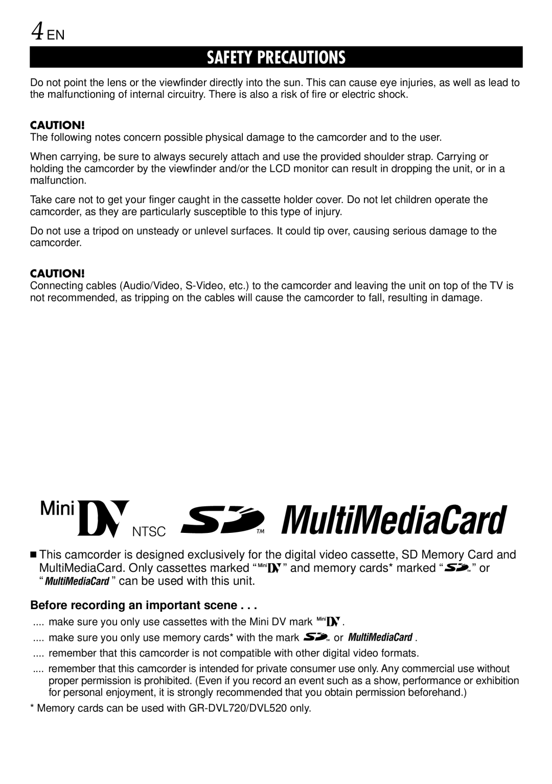 JVC GR-DVL520, GR-DVL720 instruction manual Before recording an important scene 