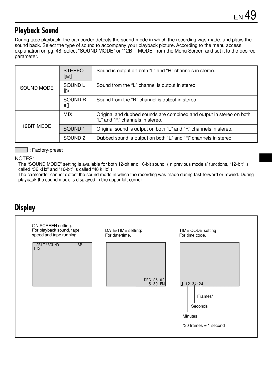 JVC GR-DVL720, GR-DVL520 instruction manual Playback Sound, Display 