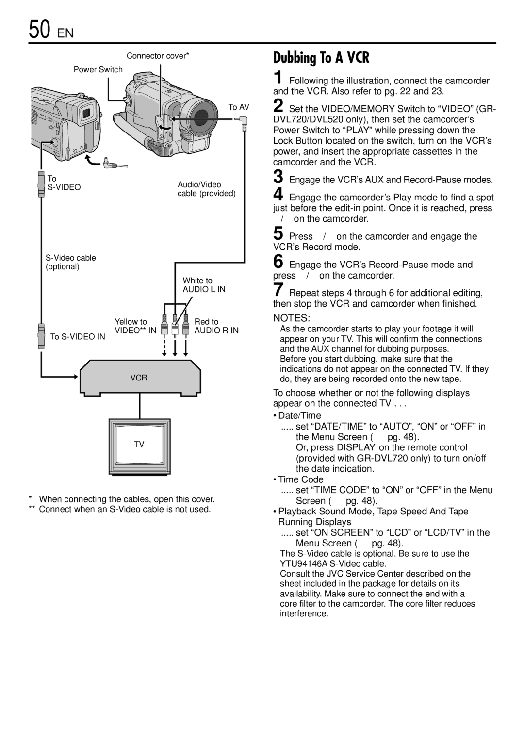 JVC GR-DVL520, GR-DVL720 instruction manual 50 EN, Dubbing To a VCR, Connector cover Power Switch To AV 