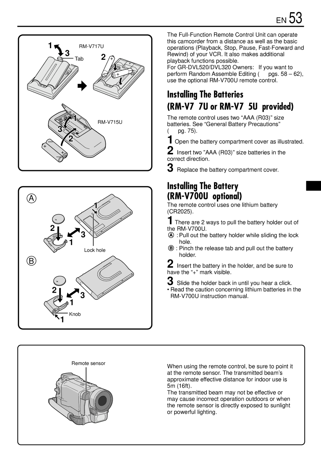 JVC GR-DVL720, GR-DVL520 instruction manual RM-V717U, Tab, RM-V715U, Lock hole, Knob Remote sensor 