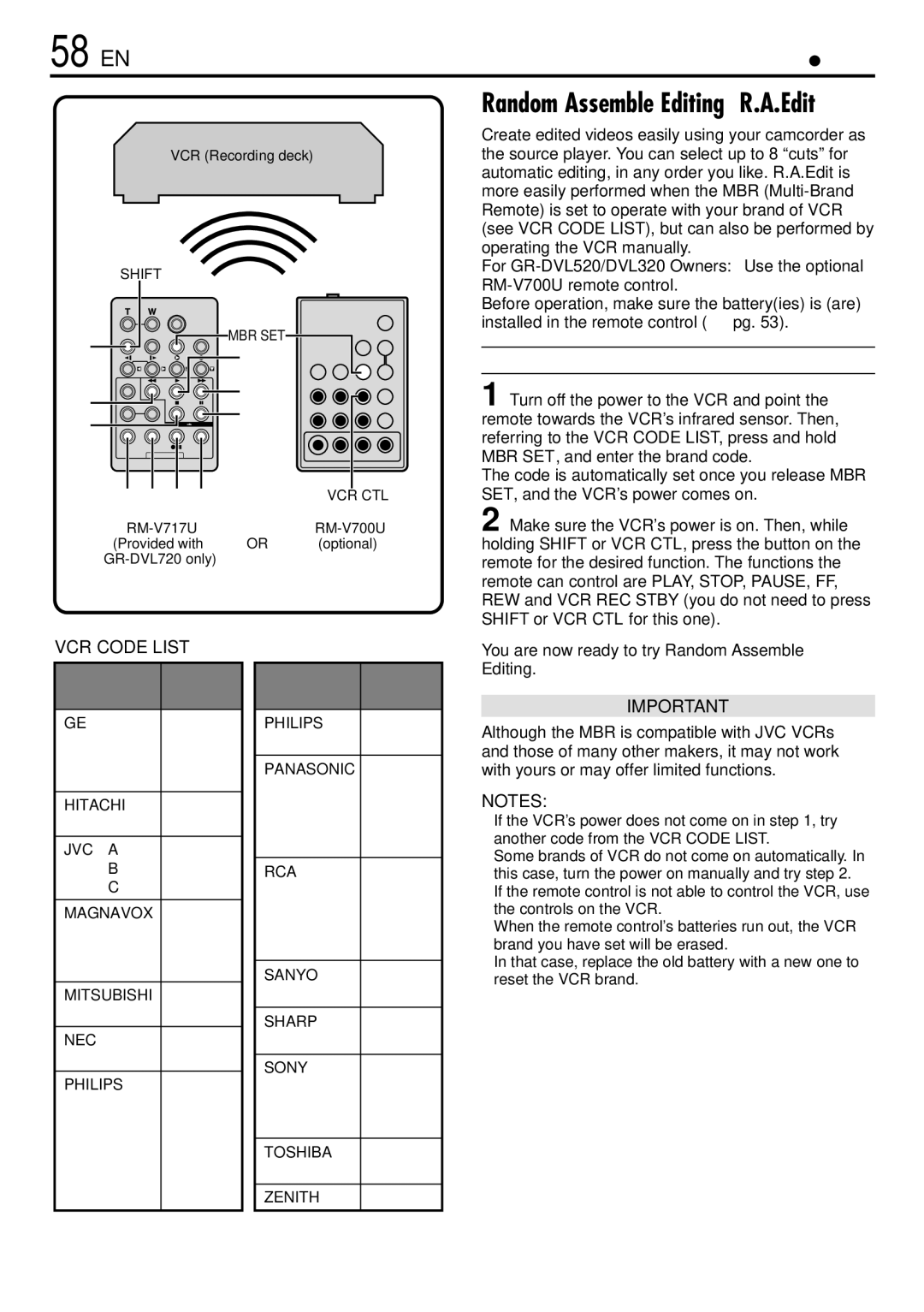 JVC GR-DVL520 58 EN, SET REMOTE/VCR Code, VCR Recording deck, RM-V717U Provided with or GR-DVL720 only, RM-V700U optional 