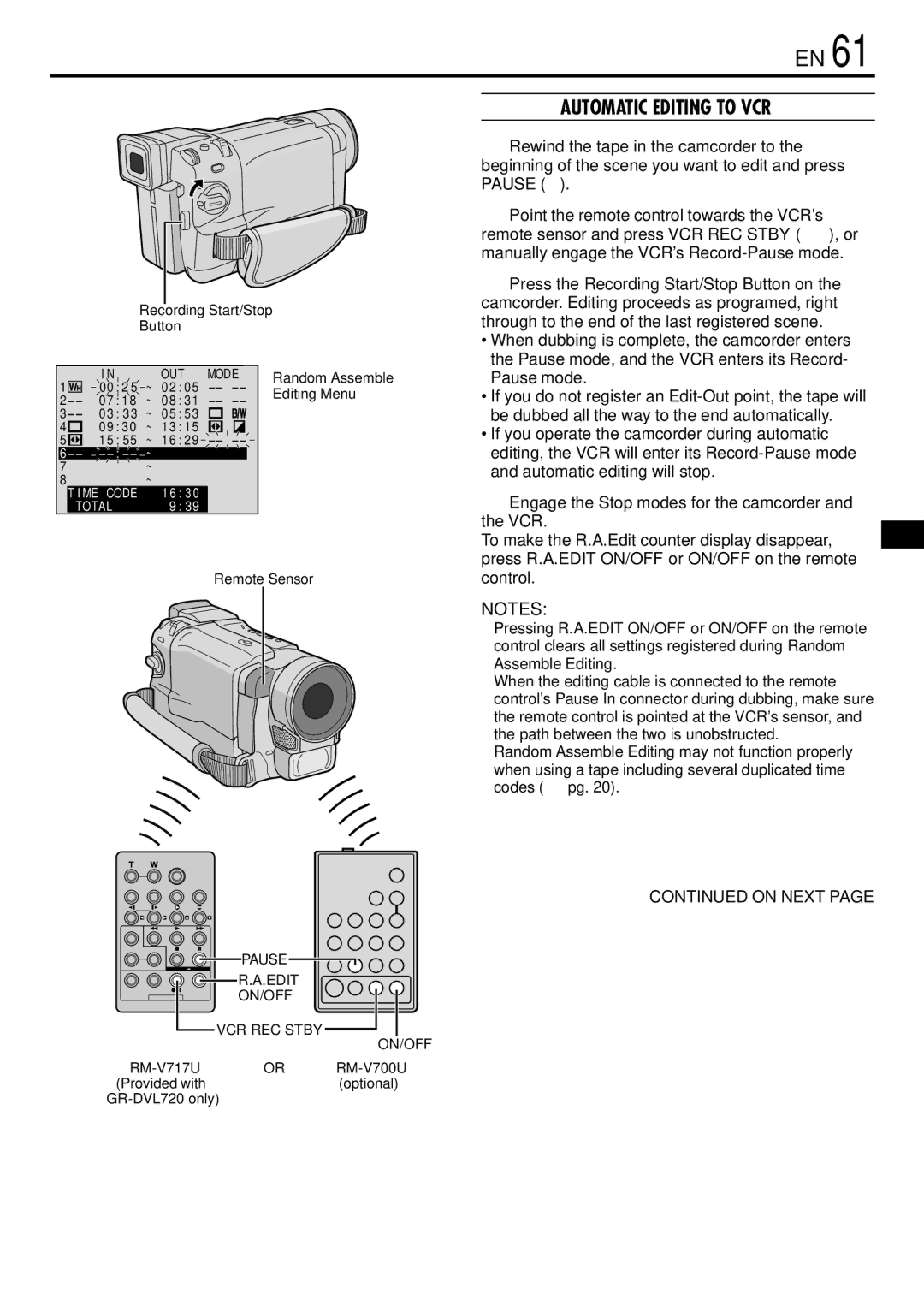 JVC GR-DVL720, GR-DVL520 instruction manual Automatic Editing to VCR, Recording Start/Stop Button 