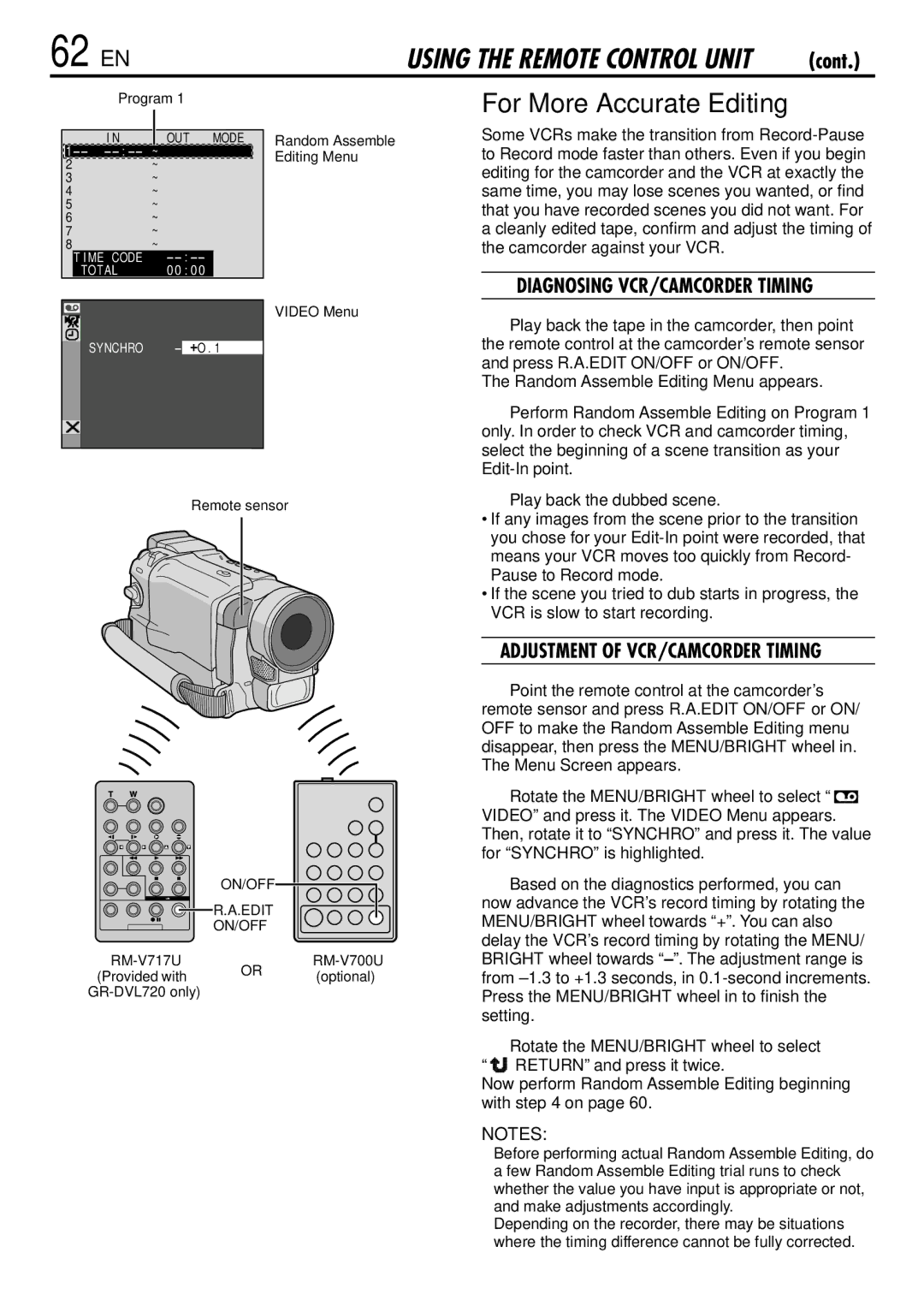 JVC GR-DVL520 62 EN, For More Accurate Editing, Diagnosing VCR/CAMCORDER Timing, Adjustment of VCR/CAMCORDER Timing 