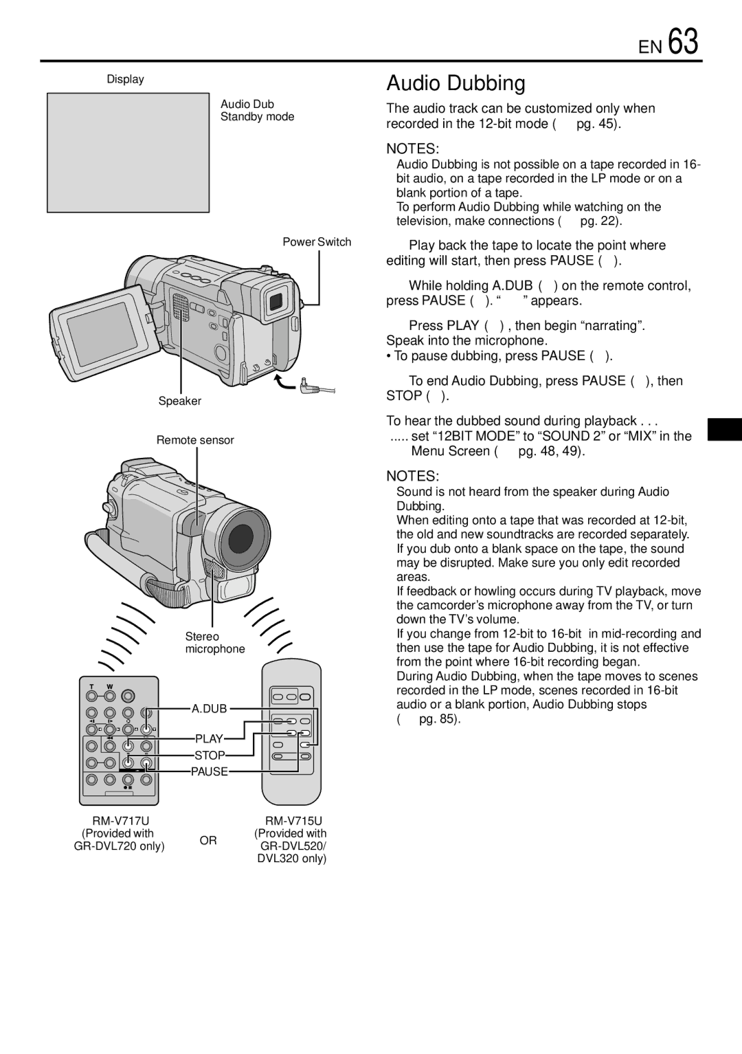 JVC GR-DVL720 Audio Dubbing, To hear the dubbed sound during playback, Set 12BIT Mode to Sound 2 or MIX Menu Screen  pg 