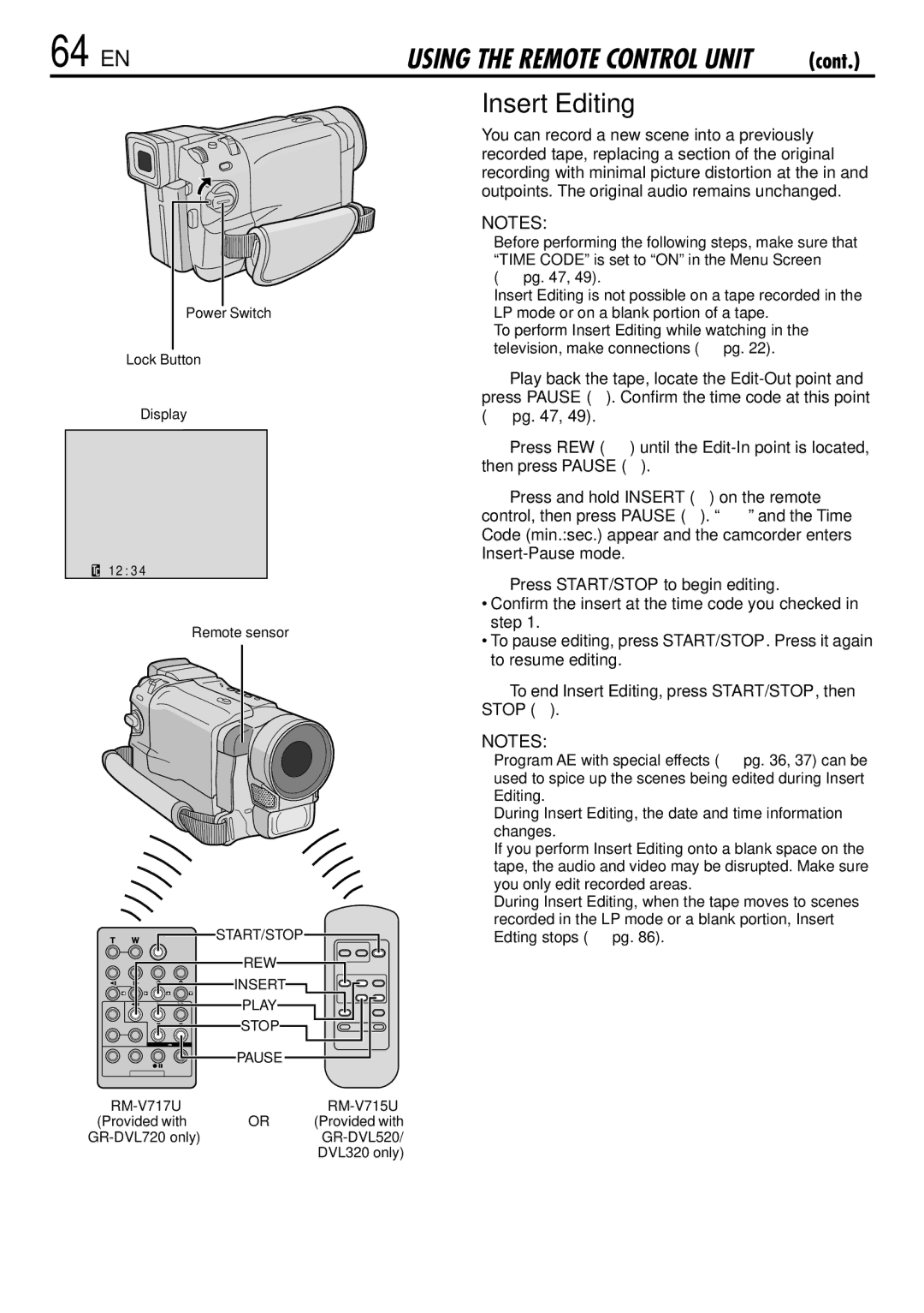 JVC GR-DVL520, GR-DVL720 instruction manual 64 EN, Insert Editing 