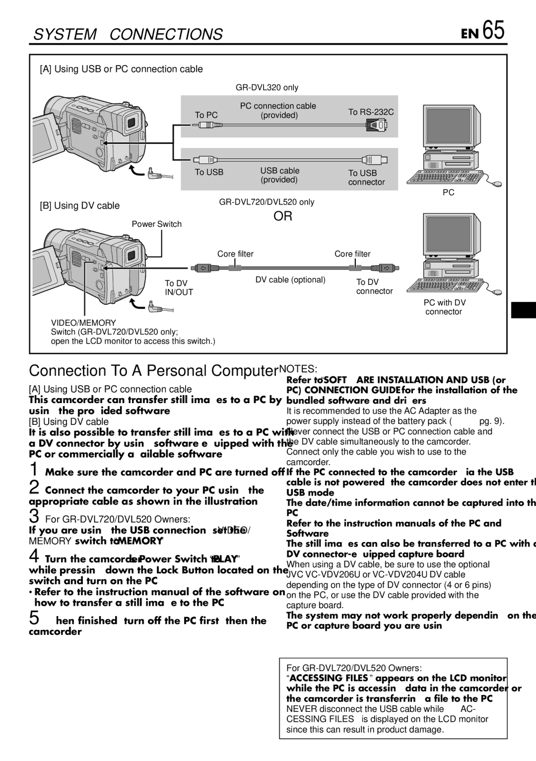 JVC GR-DVL520 instruction manual Using USB or PC connection cable, Using DV cable, For GR-DVL720/DVL520 Owners 