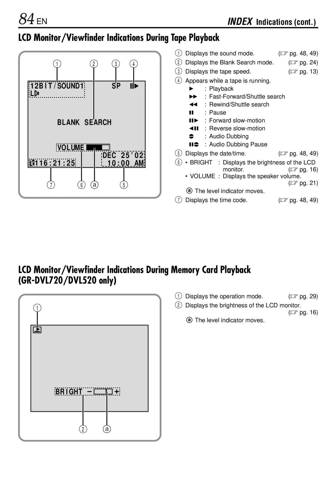 JVC GR-DVL520, GR-DVL720 84 EN, LCD Monitor/Viewfinder Indications During Tape Playback, Blank Search Volume, 116 21 