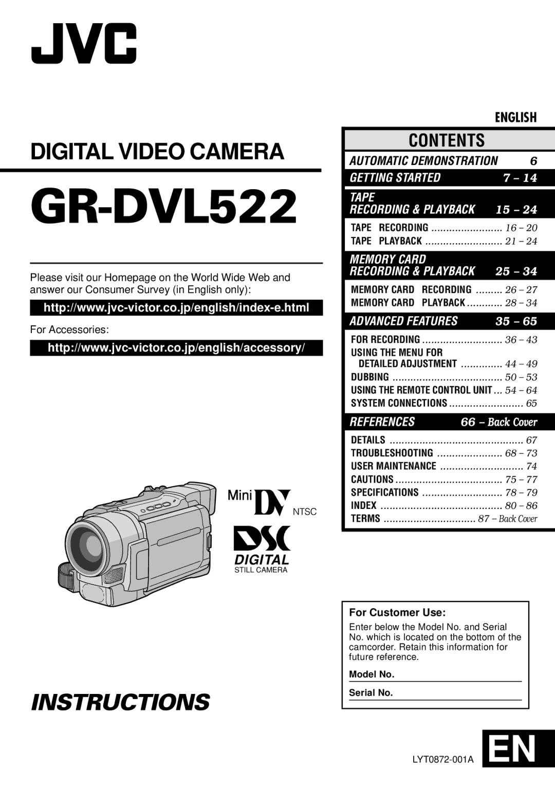 JVC GR-DVL522 specifications 