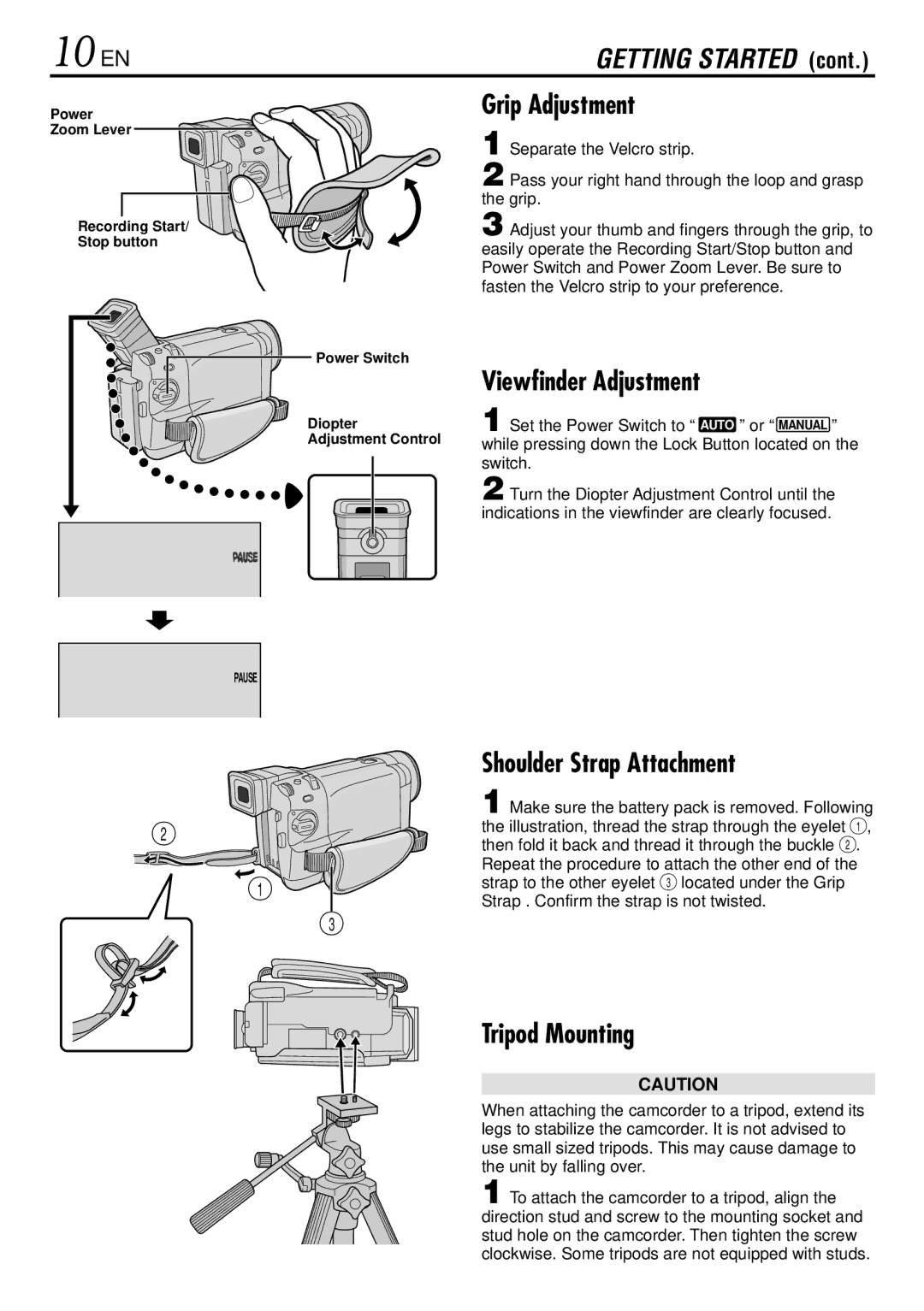 JVC GR-DVL522 specifications 10 EN, Grip Adjustment, Viewfinder Adjustment, Shoulder Strap Attachment, Tripod Mounting 