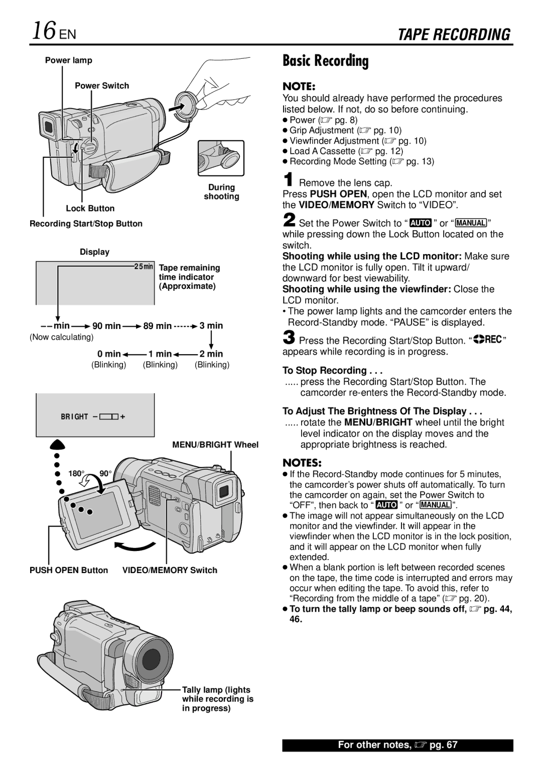 JVC GR-DVL522 specifications 16 EN, Basic Recording, To Stop Recording, To Adjust The Brightness Of The Display 