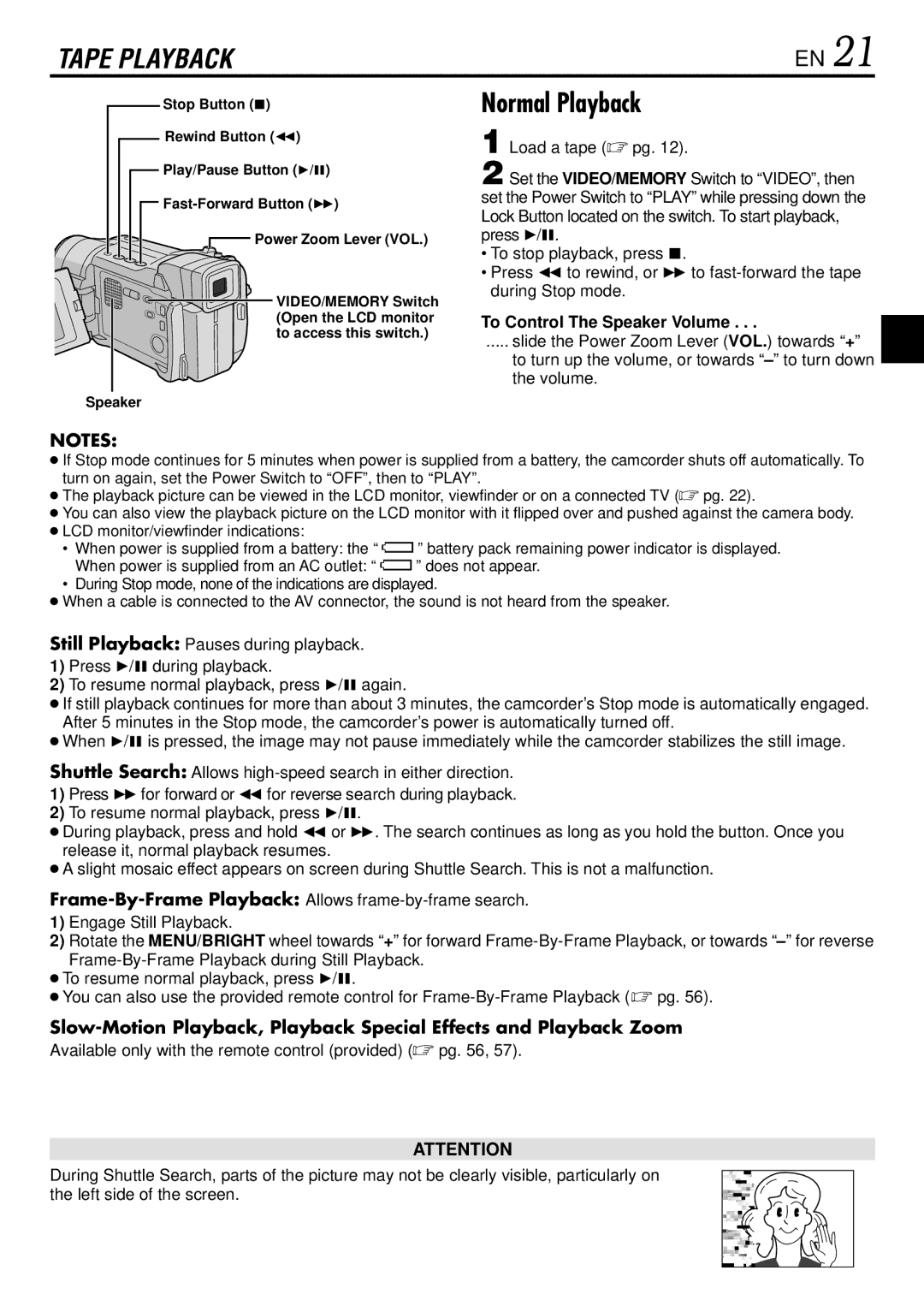 JVC GR-DVL522 specifications Normal Playback, To Control The Speaker Volume 