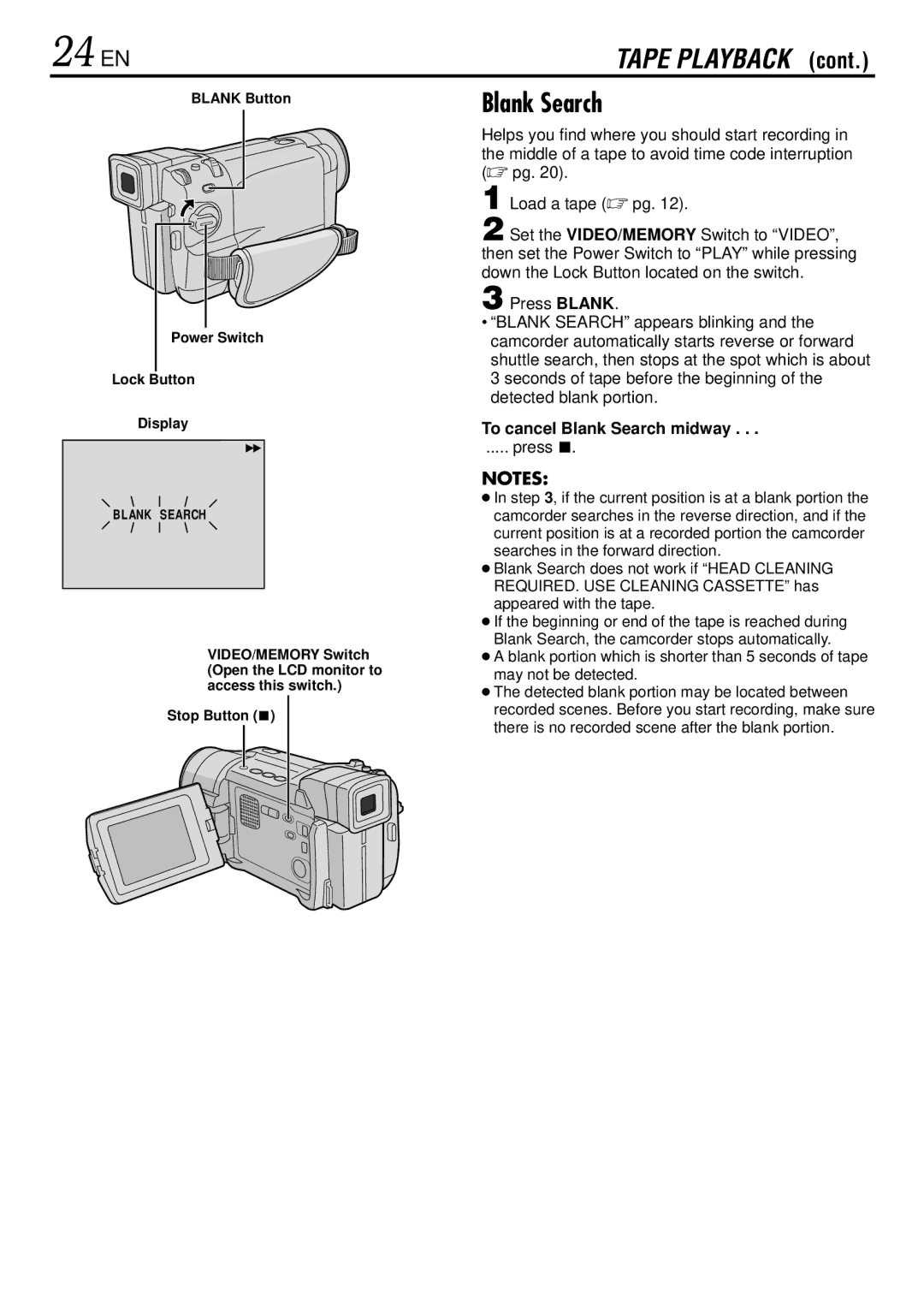 JVC GR-DVL522 specifications 24 EN, To cancel Blank Search midway, Press, Blank Button 