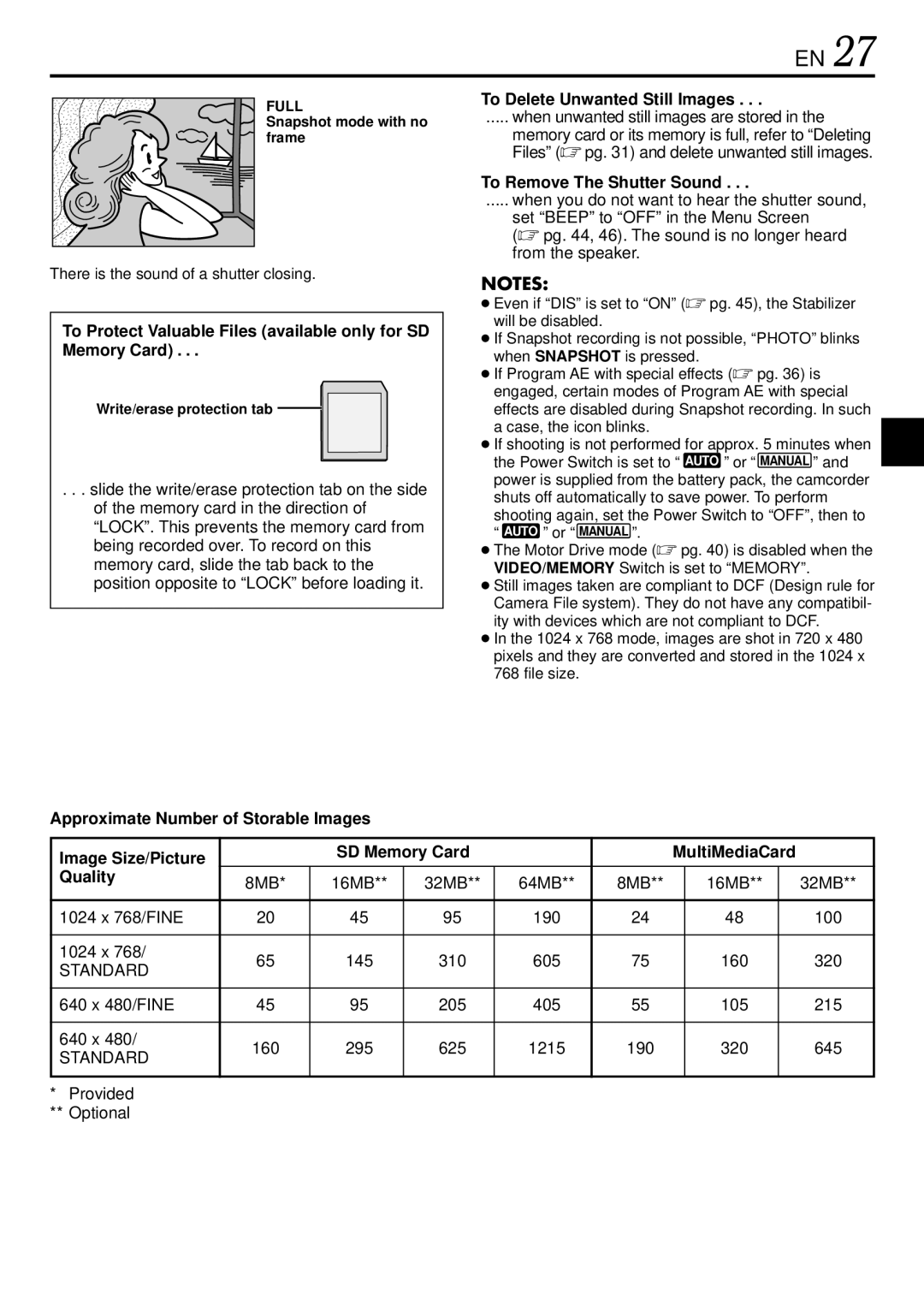 JVC GR-DVL522 specifications To Protect Valuable Files available only for SD Memory Card, To Remove The Shutter Sound 