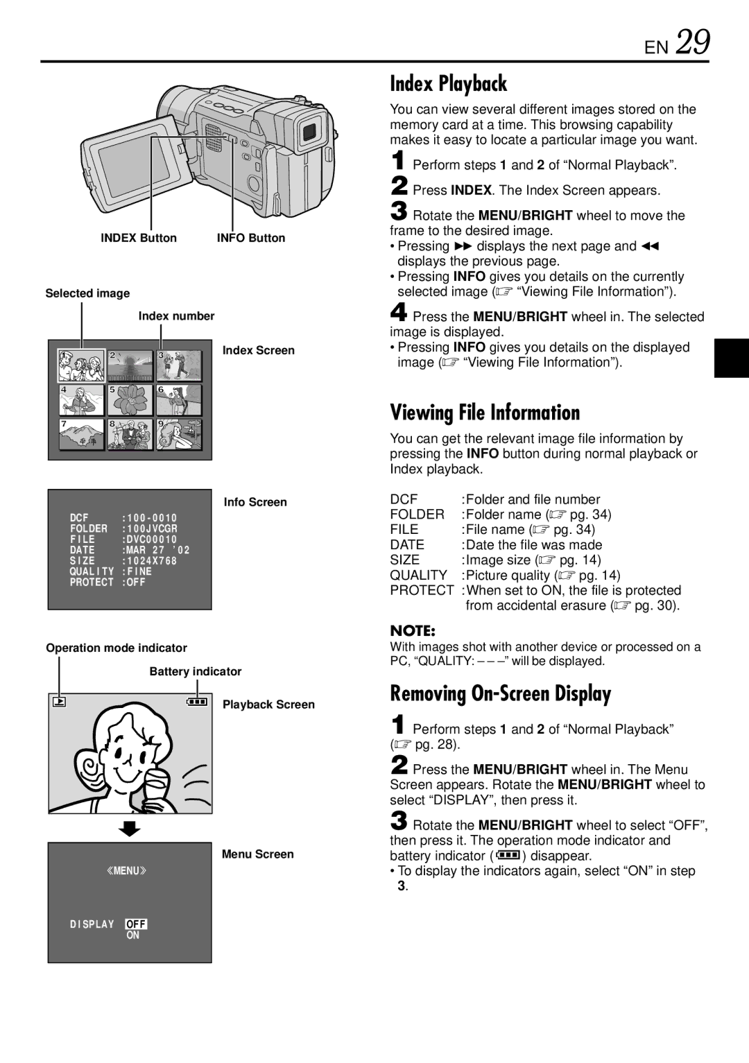 JVC GR-DVL522 specifications Index Playback, Viewing File Information, Removing On-Screen Display 