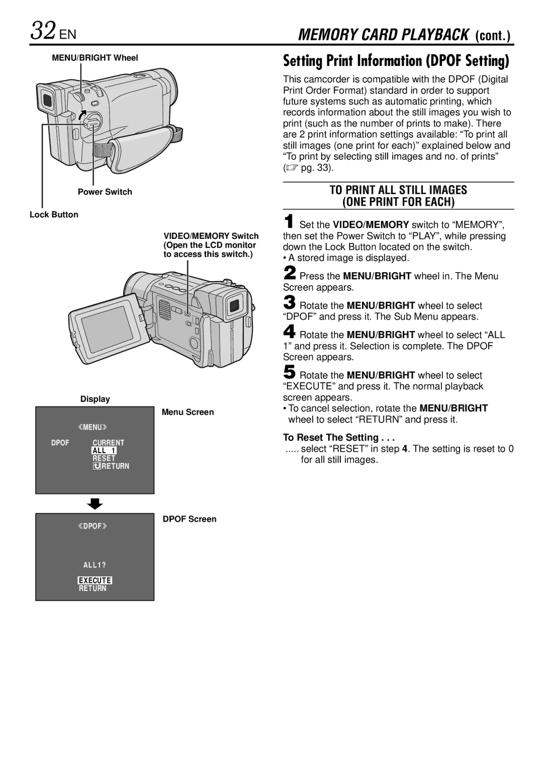 JVC GR-DVL522 specifications 32 EN, To Print ALL Still Images ONE Print for Each, To Reset The Setting, Dpof Screen 