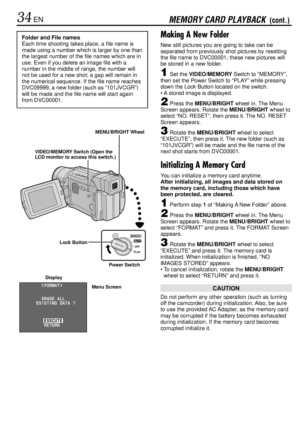 JVC GR-DVL522 specifications 34 EN, Making a New Folder, Initializing a Memory Card, Folder and File names 