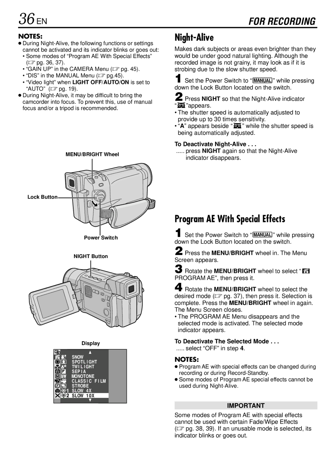 JVC GR-DVL522 36 EN, Program AE With Special Effects, To Deactivate Night-Alive, To Deactivate The Selected Mode 