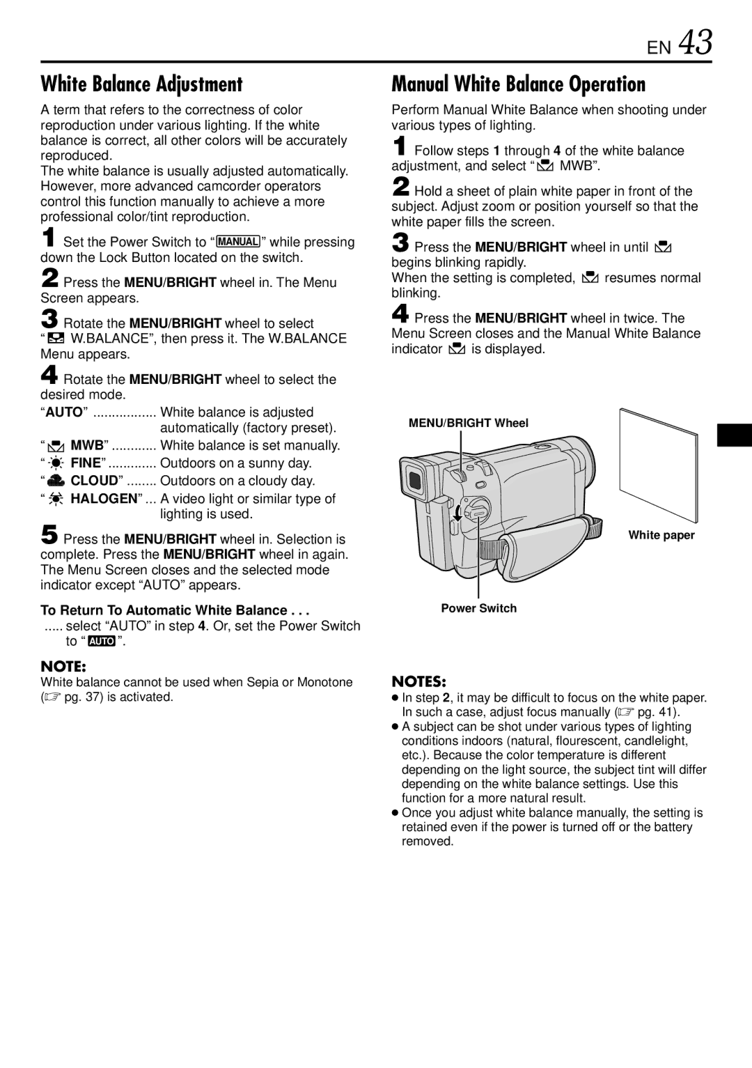 JVC GR-DVL522 specifications White Balance Adjustment, Manual White Balance Operation, Cloud, Halogen 