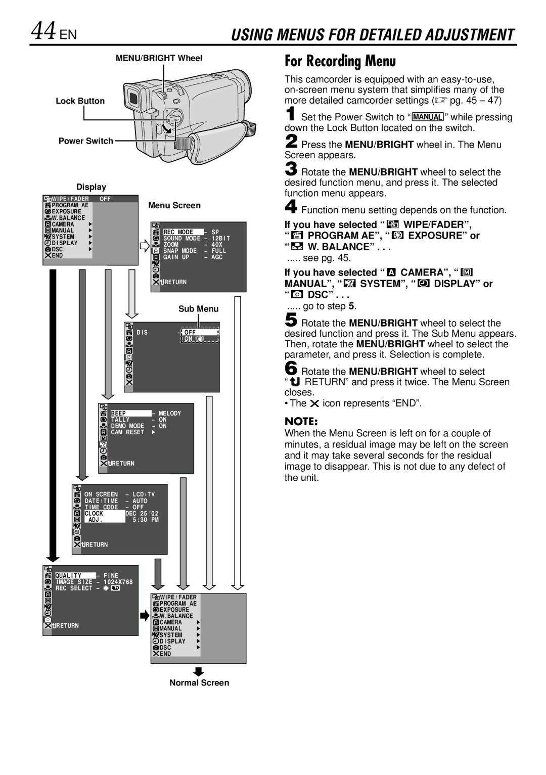 JVC GR-DVL522 specifications 44 EN, For Recording Menu, Wipe/Fader, Program AE 