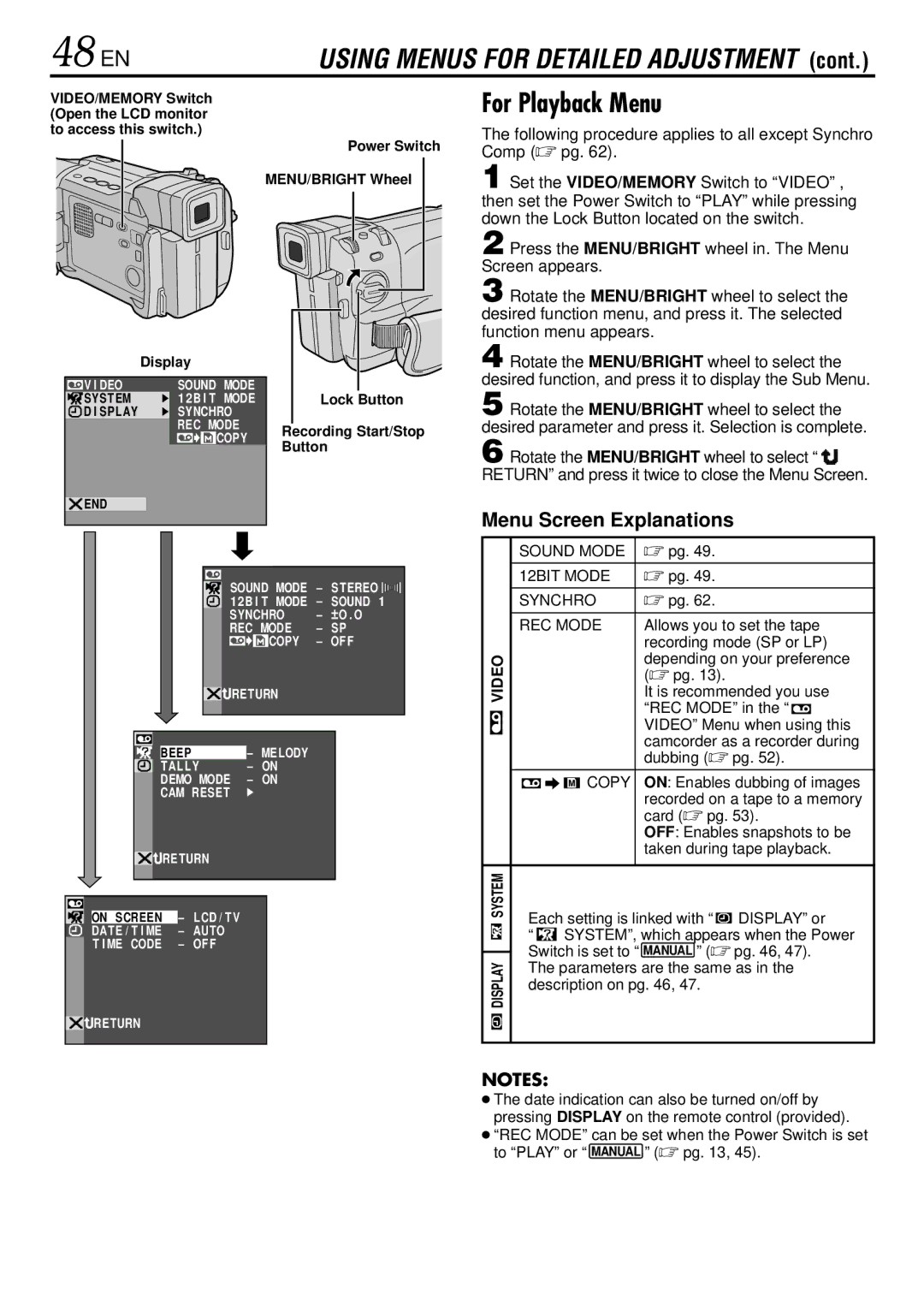 JVC GR-DVL522 specifications 48 EN, For Playback Menu, Following procedure applies to all except Synchro Comp  pg 