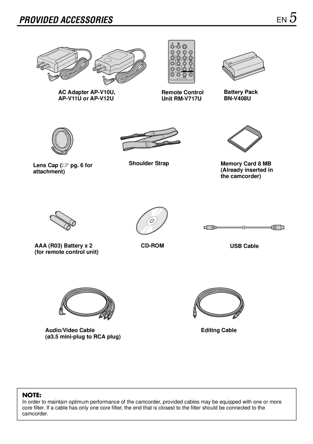 JVC GR-DVL522 specifications AC Adapter AP-V10U, AP-V11U or AP-V12U Remote Control, Cd-Rom, Battery Pack 