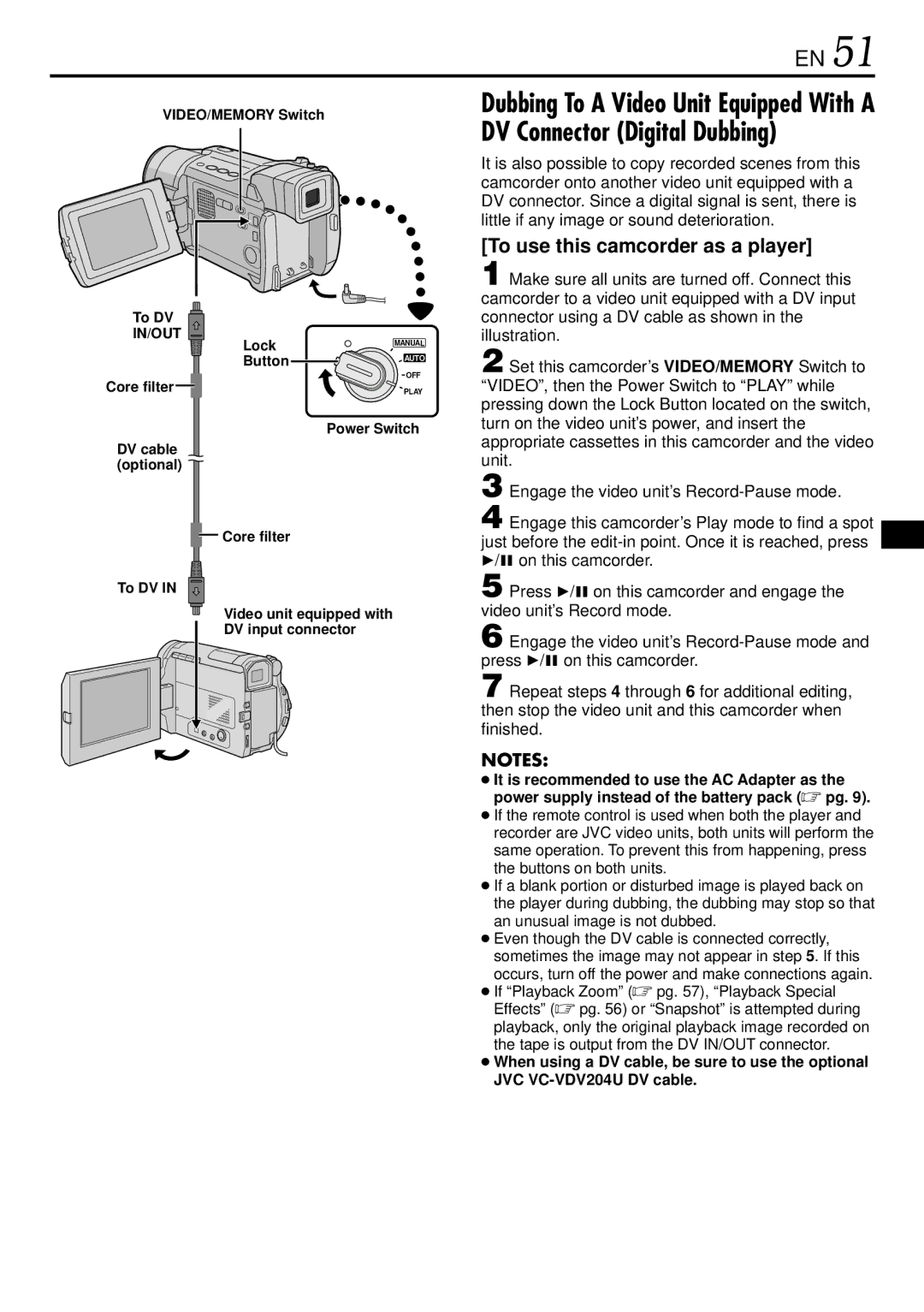 JVC GR-DVL522 specifications To use this camcorder as a player, VIDEO/MEMORY Switch To DV, Lock, Button, Core filter 