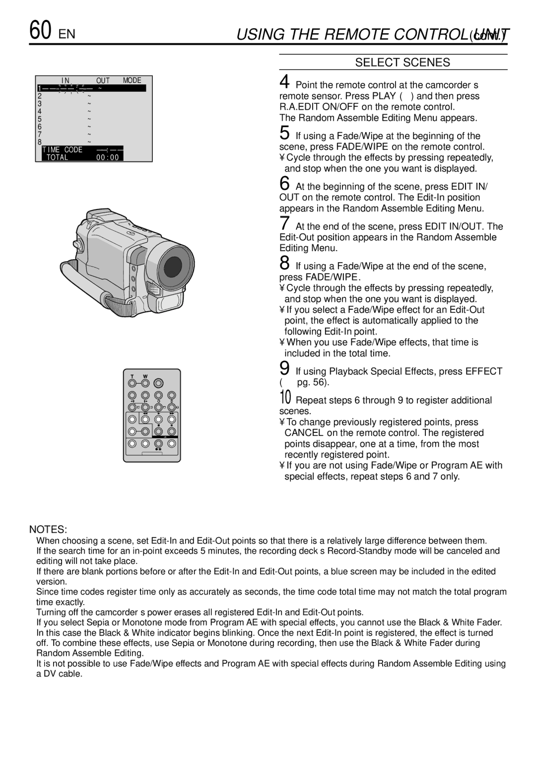 JVC GR-DVL522 specifications 60 EN, Select Scenes, Random Assemble Editing Menu appears 