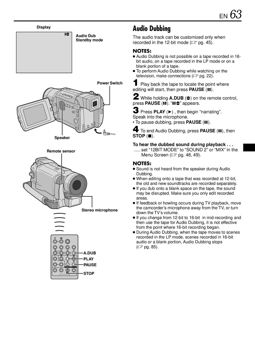 JVC GR-DVL522 Audio Dubbing, To hear the dubbed sound during playback, Set 12BIT Mode to Sound 2 or MIX Menu Screen  pg 