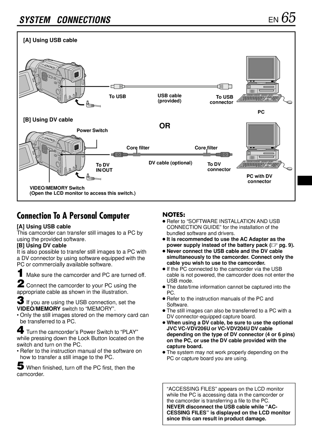 JVC GR-DVL522 specifications Using USB cable, Using DV cable, To USB, Connector, Power Switch Core filter To DV 