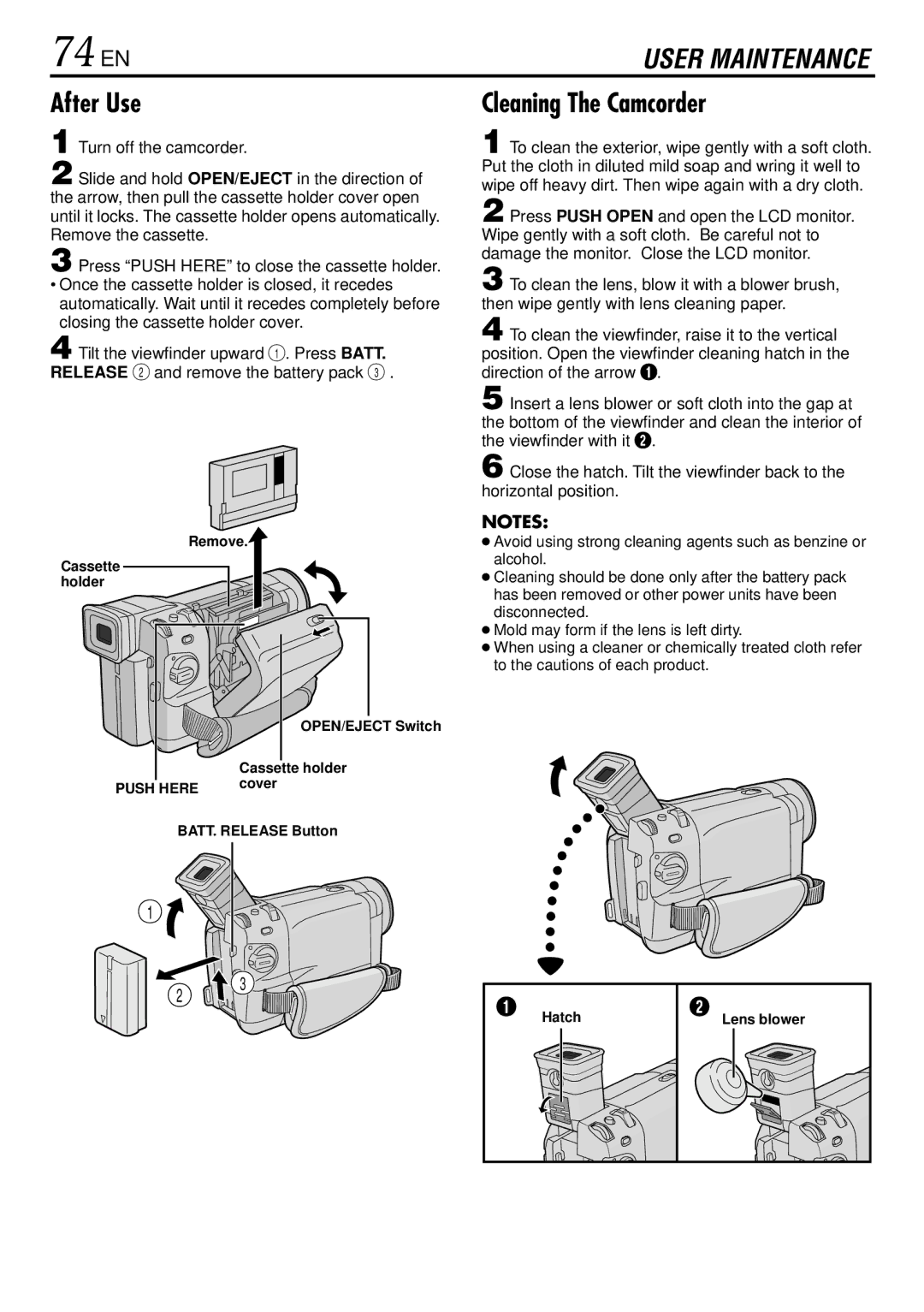 JVC GR-DVL522 specifications 74 EN, After Use, Cleaning The Camcorder 