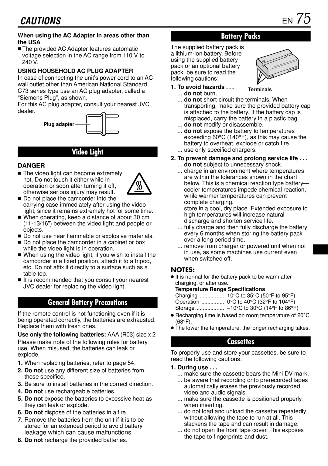 JVC GR-DVL522 specifications Using Household AC Plug Adapter 