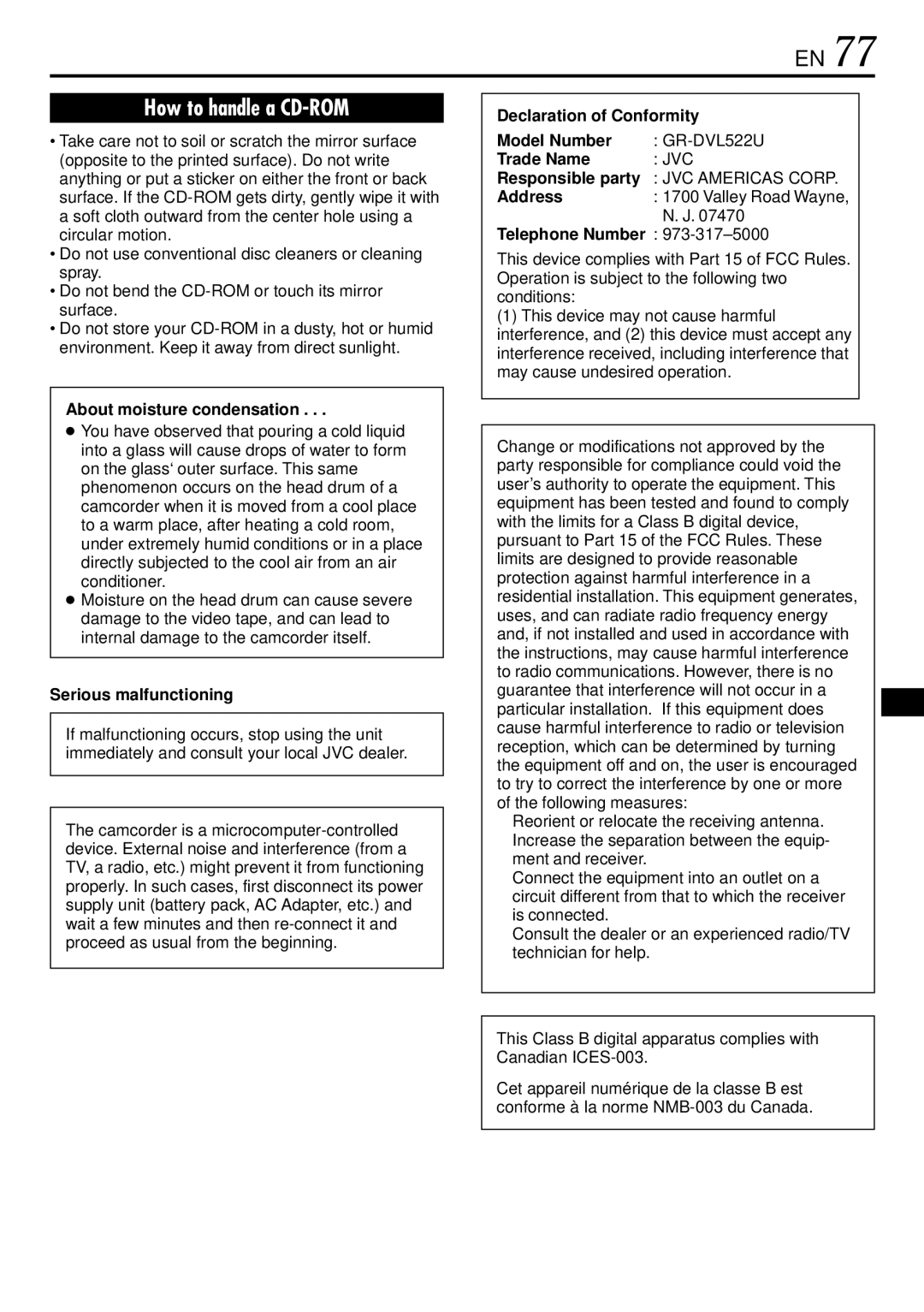 JVC GR-DVL522 About moisture condensation, Serious malfunctioning, Declaration of Conformity Model Number, Trade Name 
