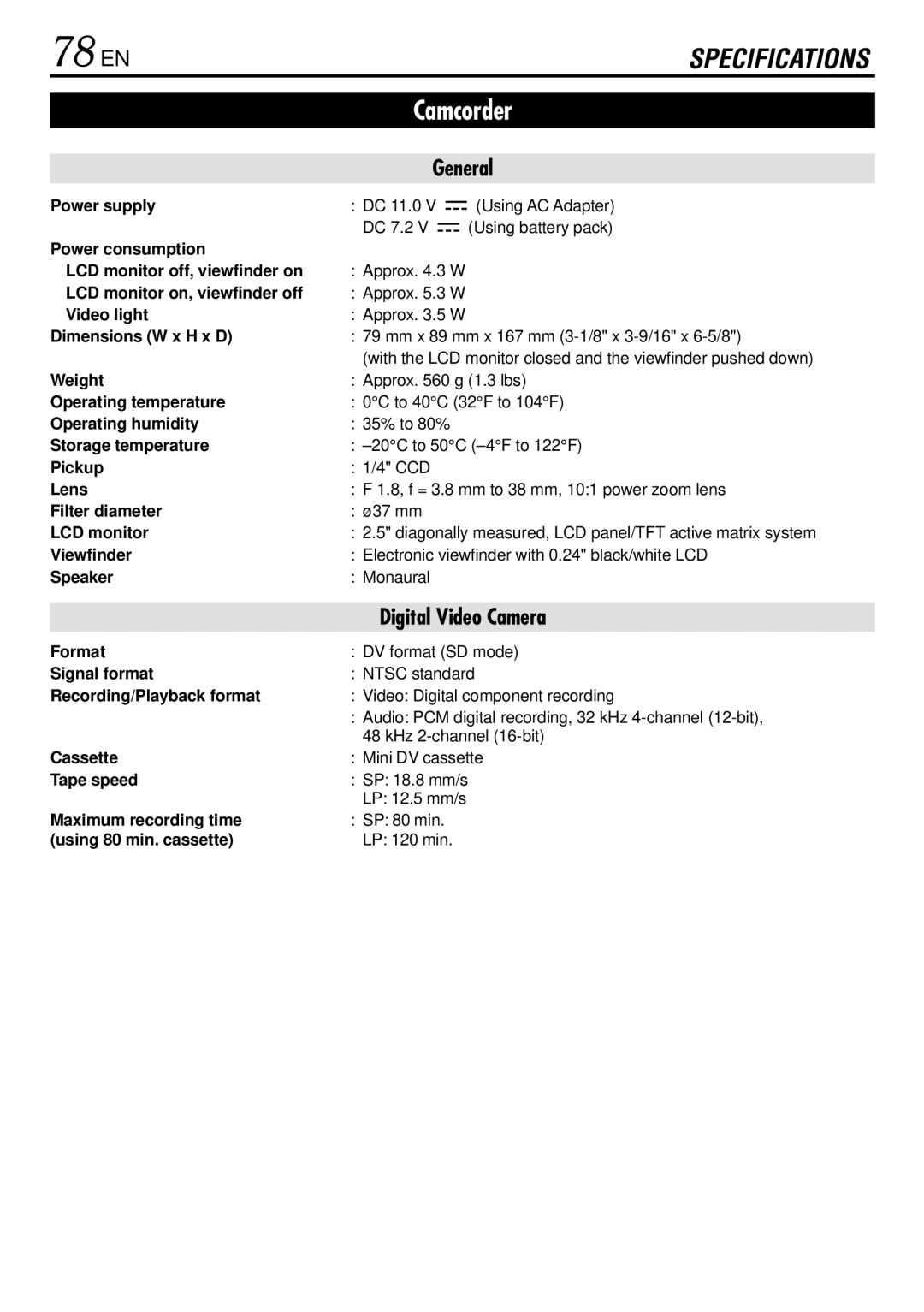 JVC GR-DVL522 specifications 78 EN 