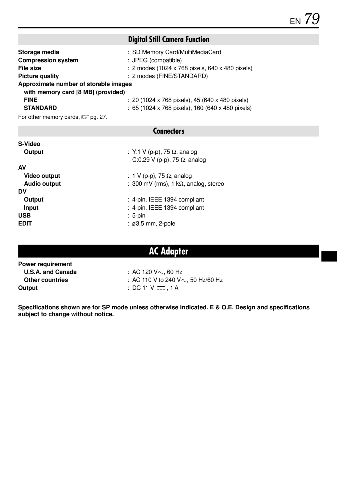 JVC GR-DVL522 specifications Fine, Standard, Usb, Edit 