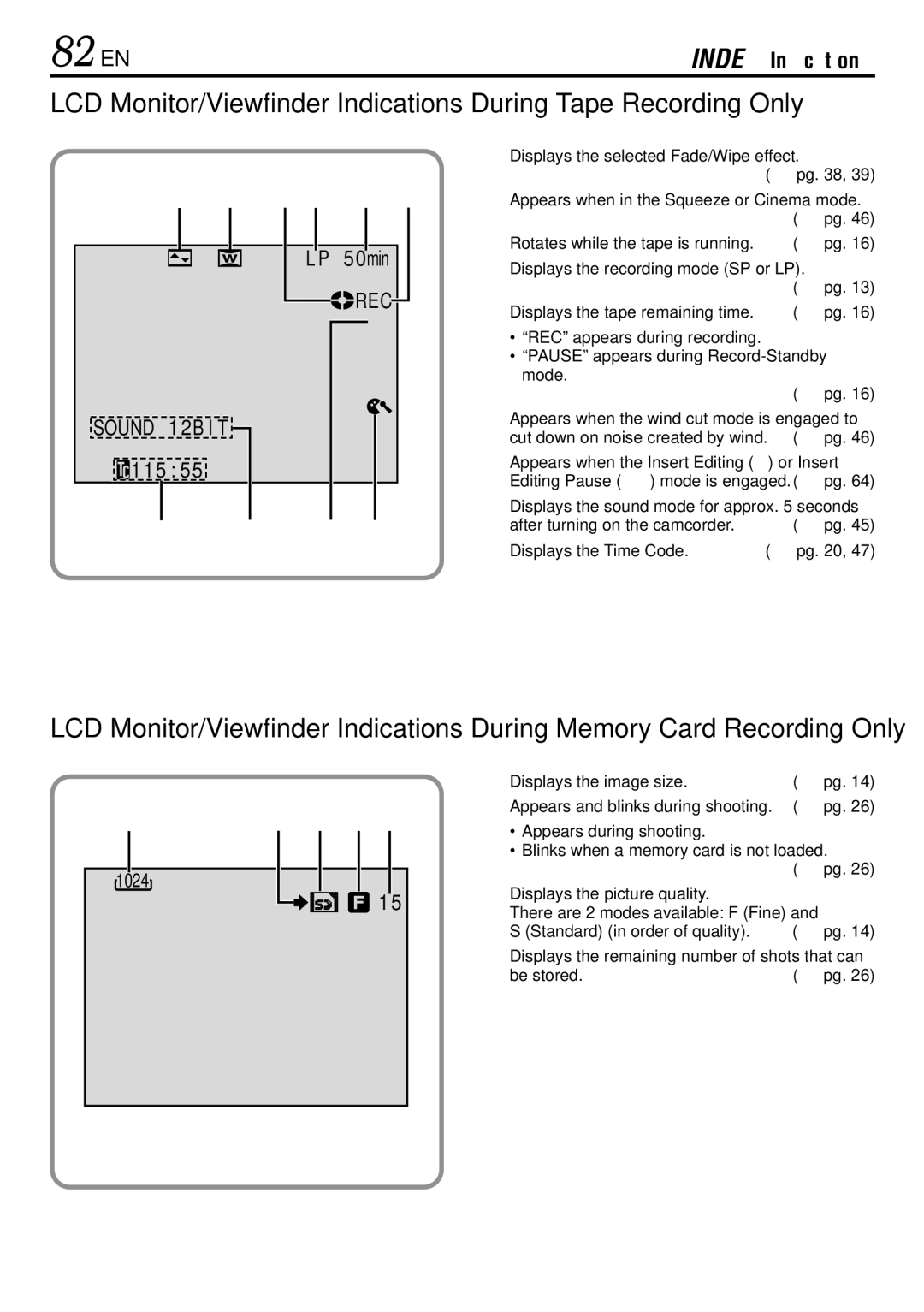 JVC GR-DVL522 specifications 82 EN, Index Indications, 1024 