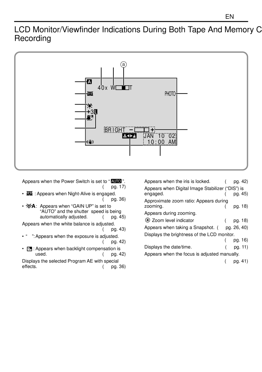 JVC GR-DVL522 specifications # @, Appears when the Power Switch is set to 