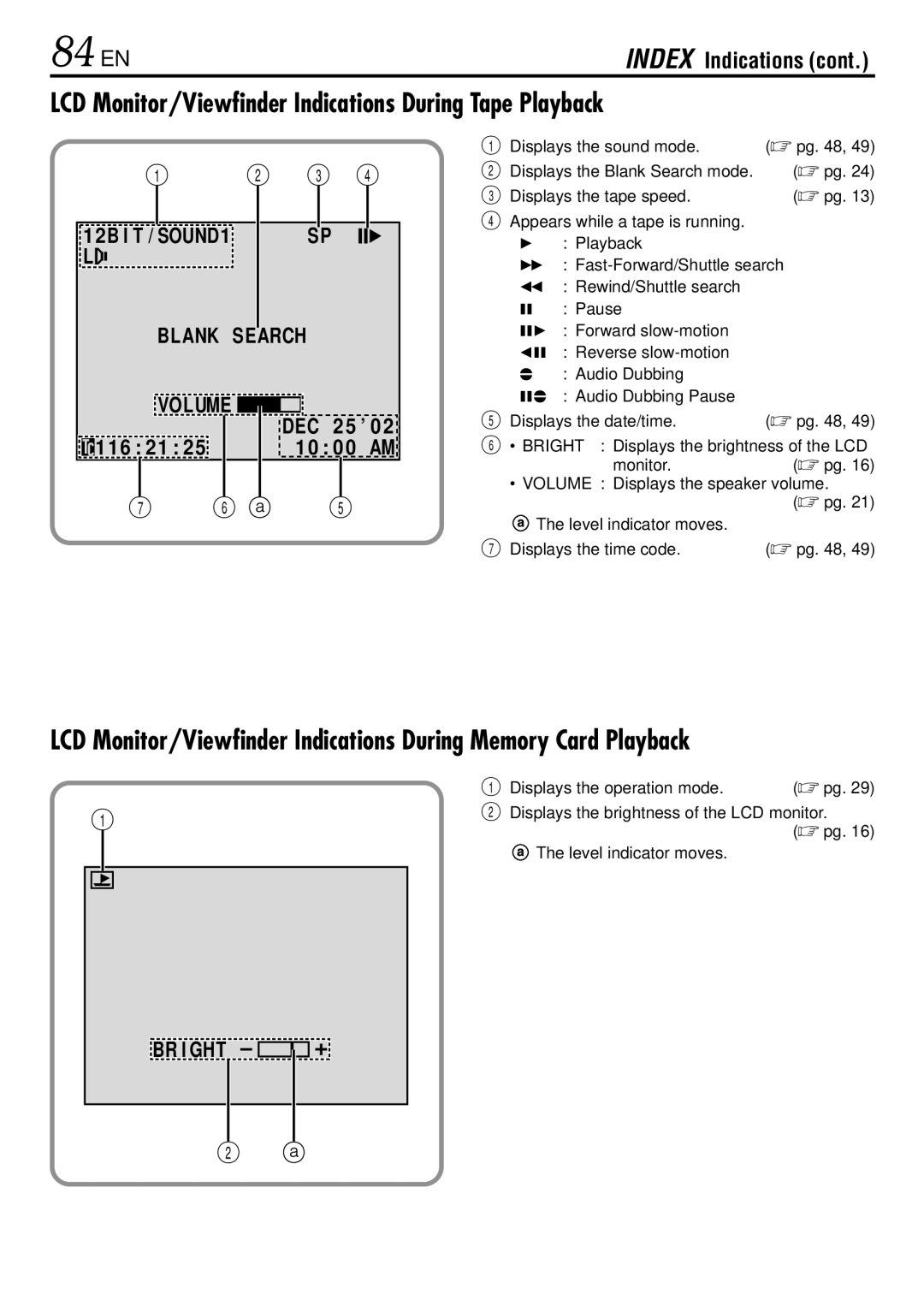 JVC GR-DVL522 specifications 84 EN, LCD Monitor/Viewfinder Indications During Tape Playback, Blank Search Volume, 116 21 