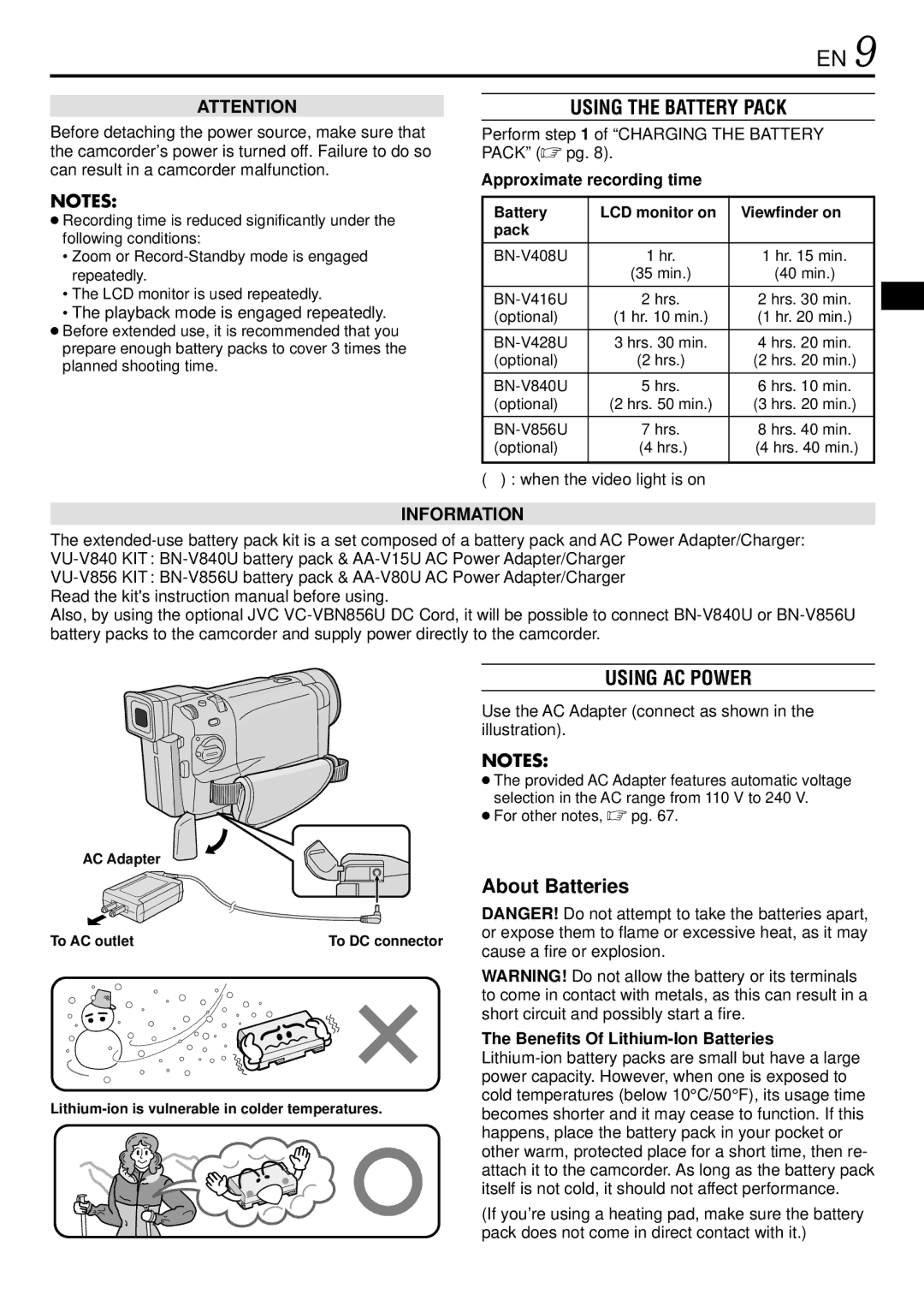 JVC GR-DVL522 specifications Using the Battery Pack, Using AC Power, About Batteries, Approximate recording time 