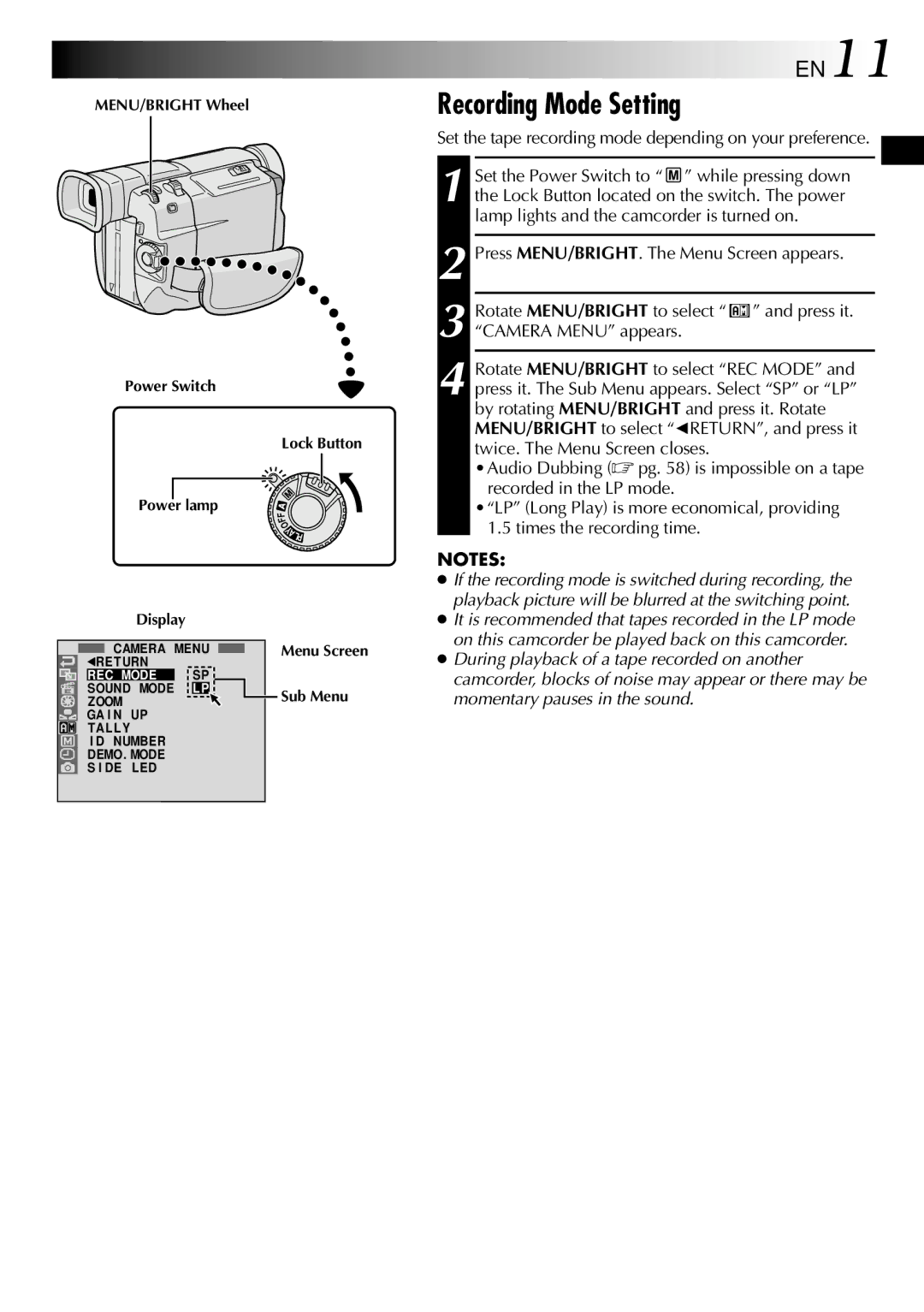 JVC LYT0596-001A, GR-DVL707 Recording Mode Setting, EN11, Set the tape recording mode depending on your preference 