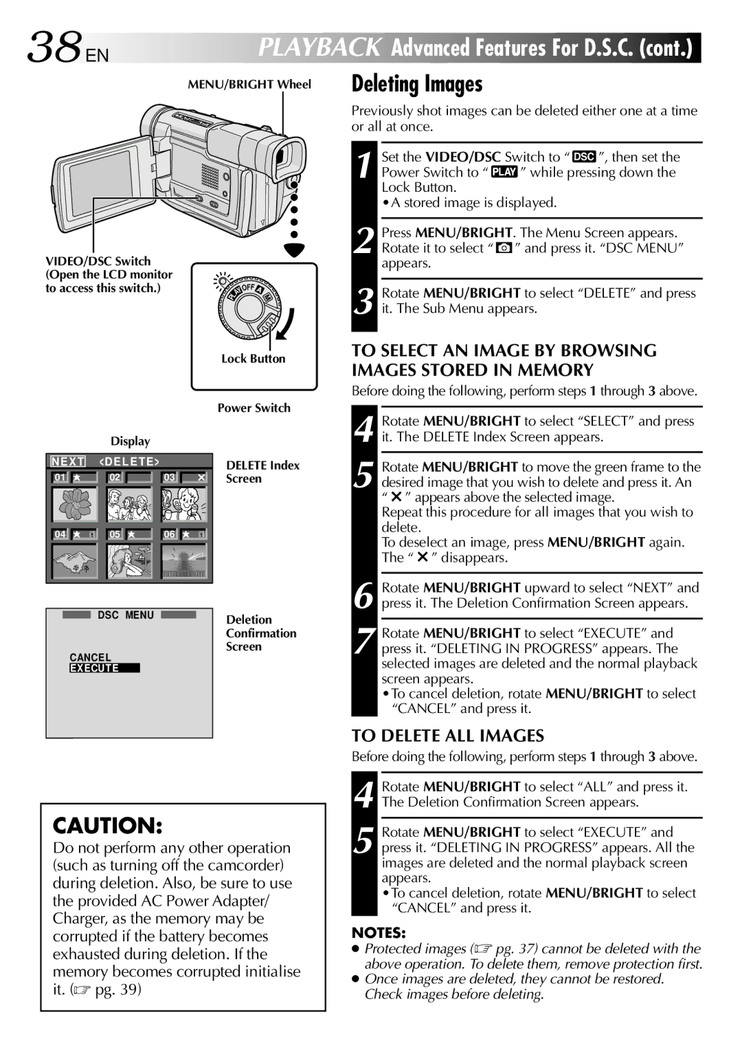 JVC GR-DVL707, LYT0596-001A specifications 38 EN, To Delete ALL Images 