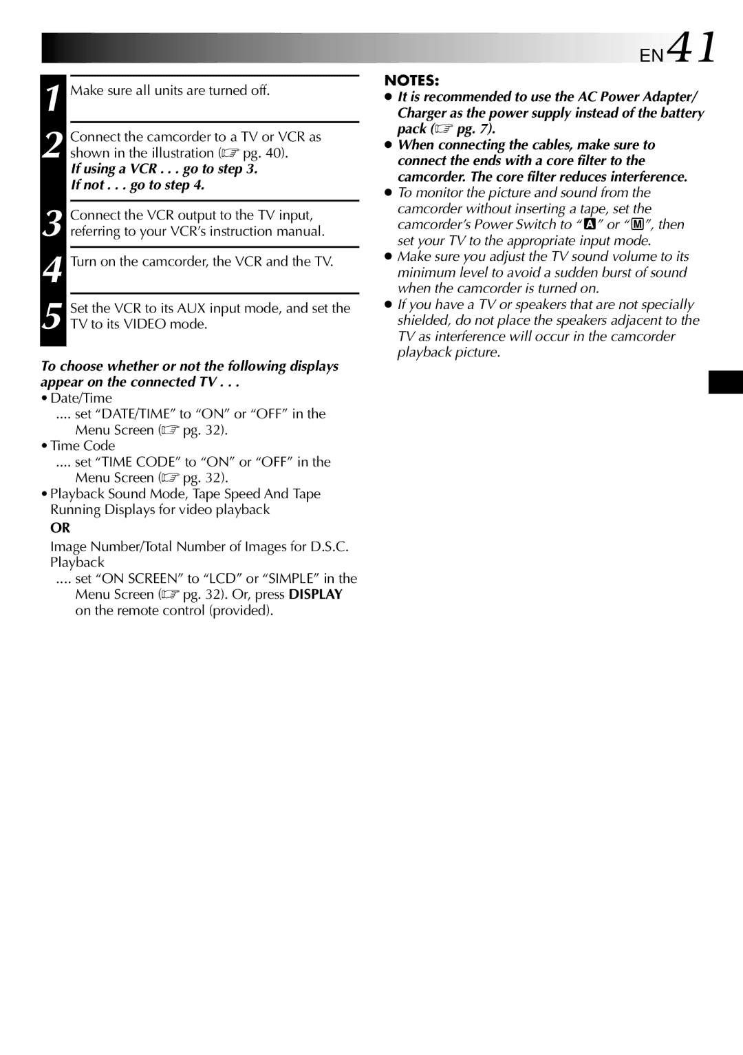 JVC LYT0596-001A, GR-DVL707 specifications EN41, If using a VCR . . . go to step If not . . . go to step 