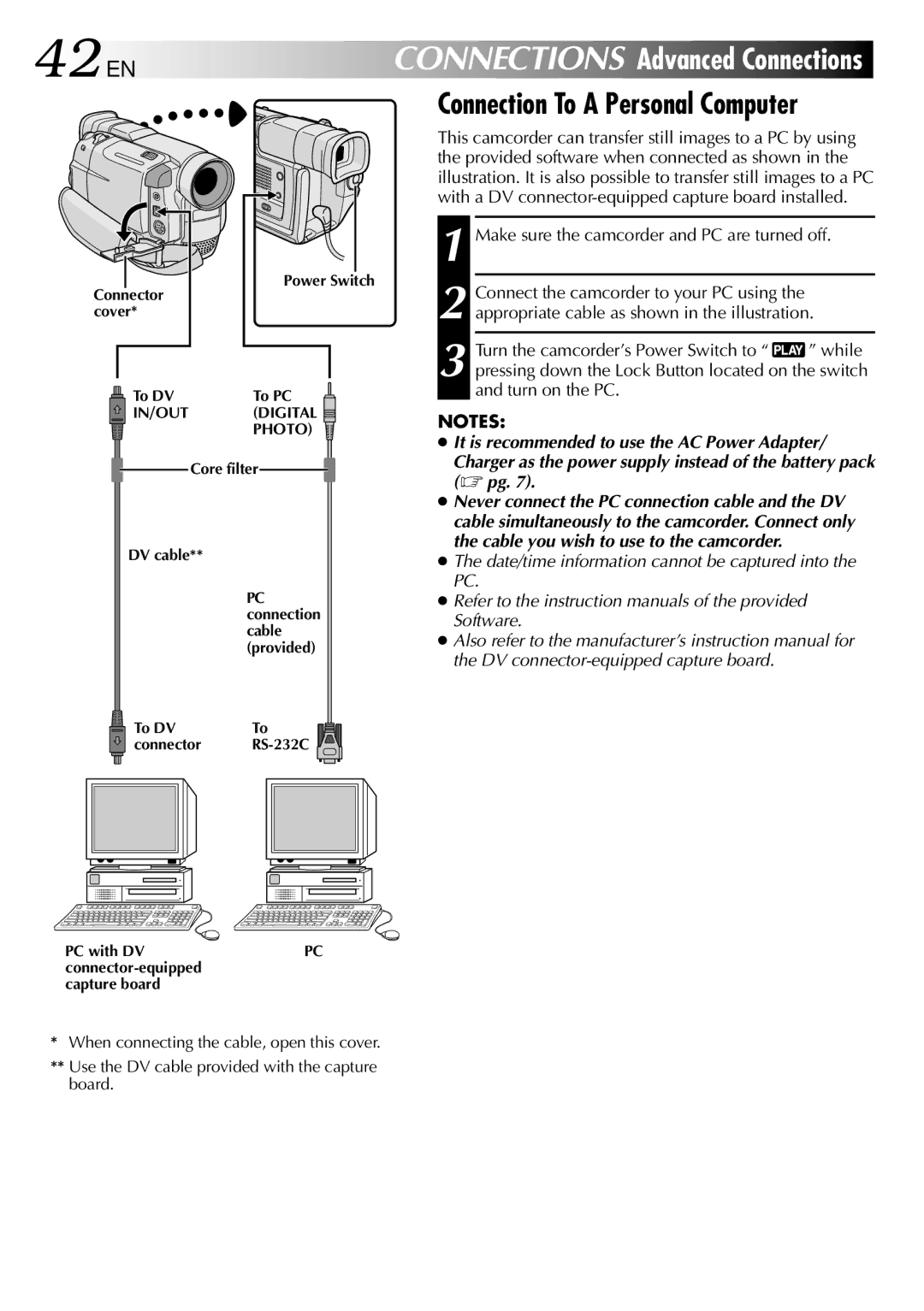 JVC GR-DVL707, LYT0596-001A specifications 42 EN, Connection To a Personal Computer 