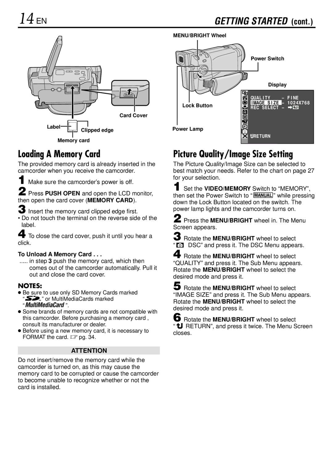 JVC GR-DVL725 instruction manual 14 EN, Loading a Memory Card, Picture Quality/Image Size Setting, To Unload a Memory Card 