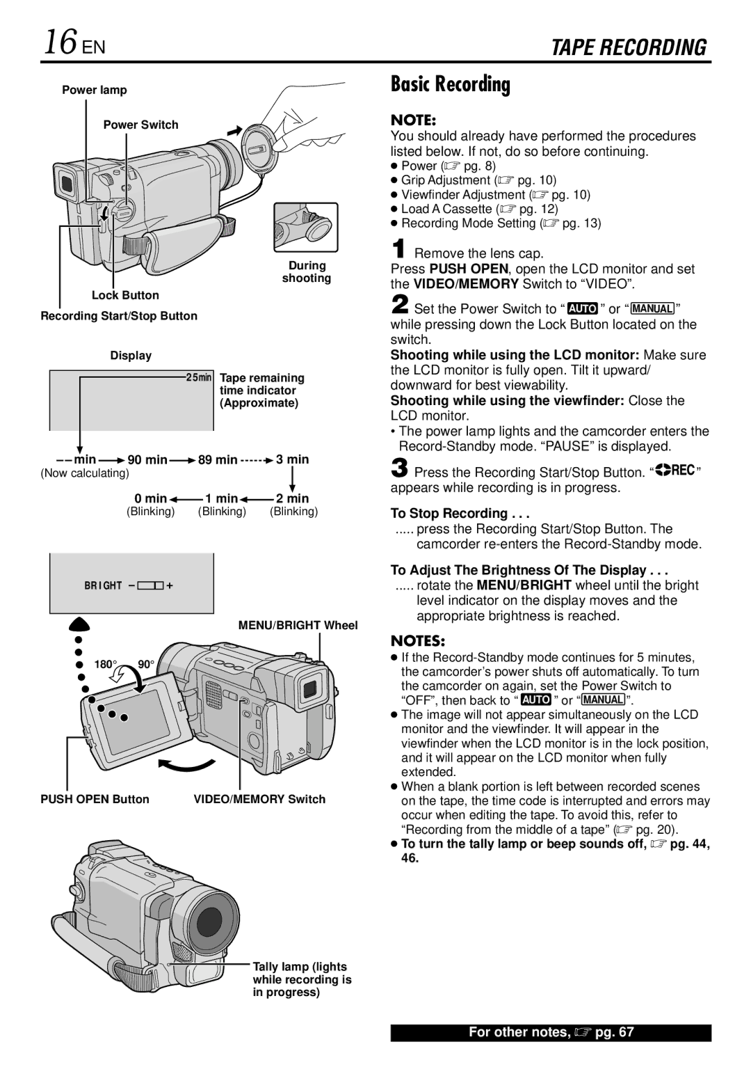 JVC GR-DVL725 instruction manual 16 EN, Basic Recording, To Stop Recording, To Adjust The Brightness Of The Display 