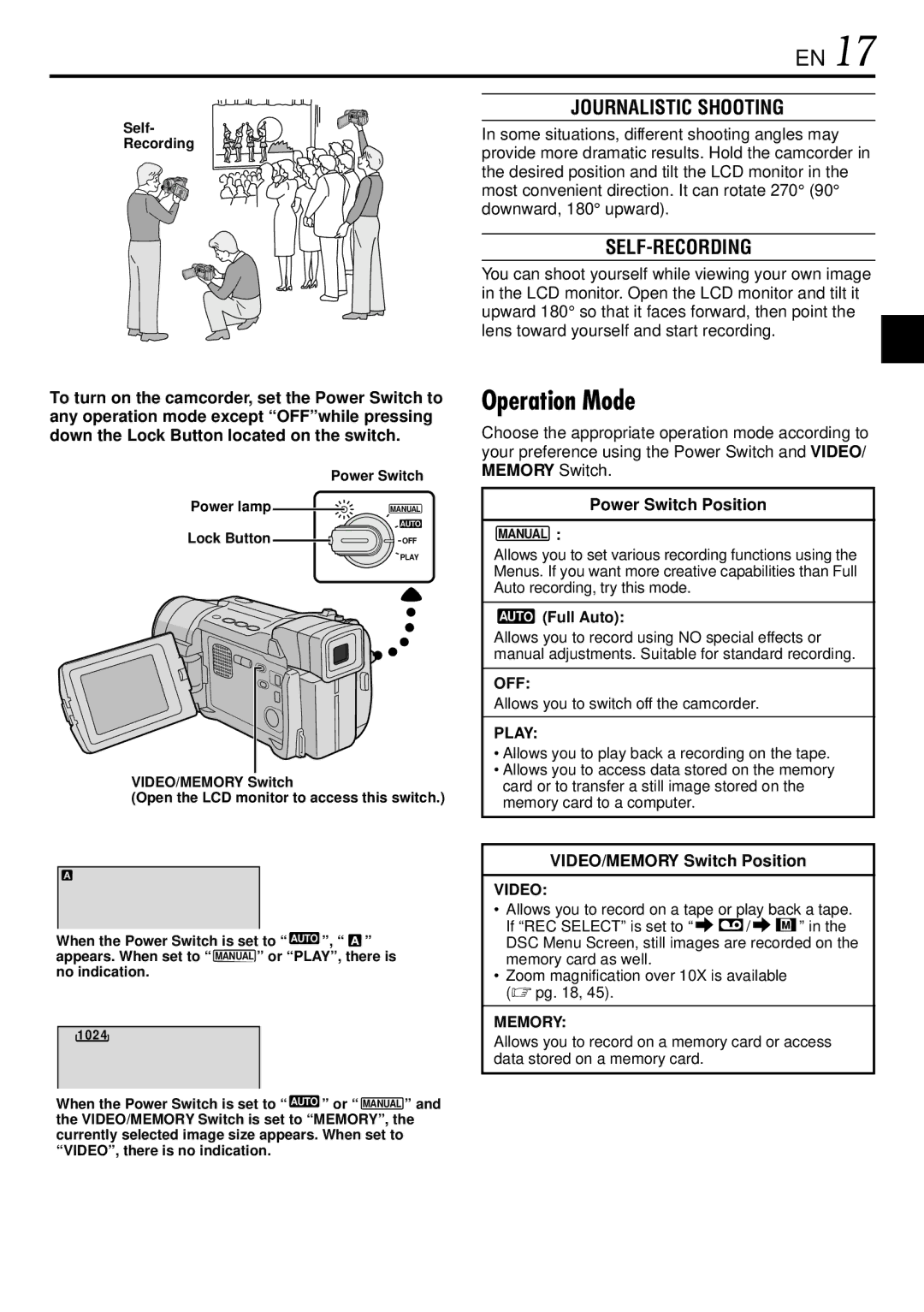 JVC GR-DVL725 Operation Mode, Journalistic Shooting, Self-Recording, Power Switch Position, VIDEO/MEMORY Switch Position 