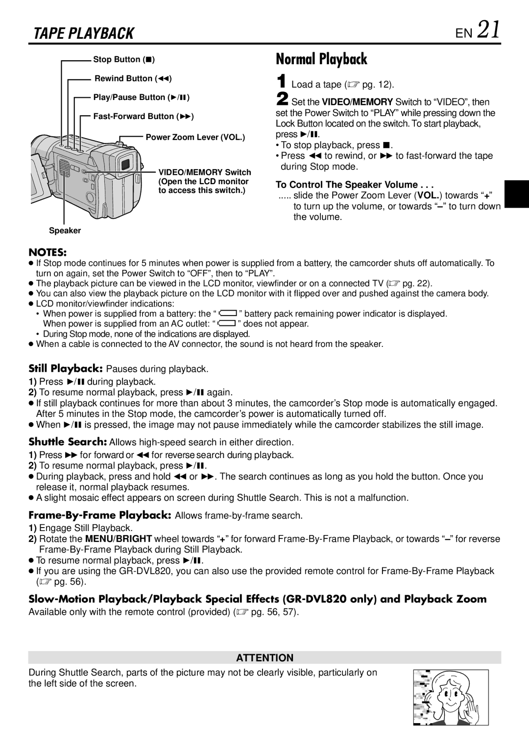 JVC GR-DVL725 instruction manual Normal Playback, To Control The Speaker Volume 