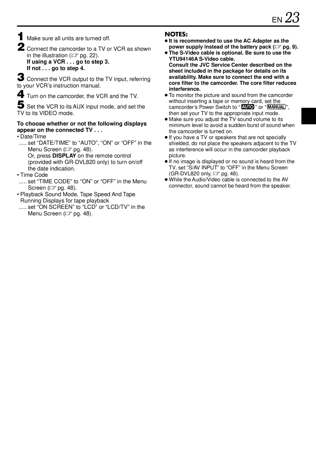 JVC GR-DVL725 Make sure all units are turned off, Connect the camcorder to a TV or VCR as shown, Illustration  pg 