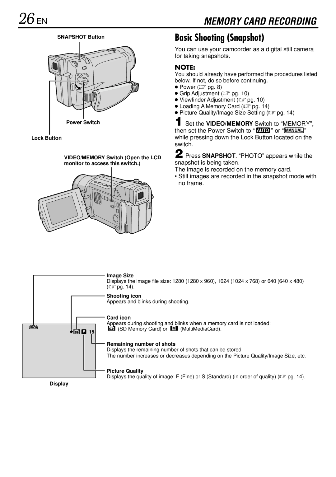 JVC GR-DVL725 instruction manual 26 EN, Basic Shooting Snapshot 